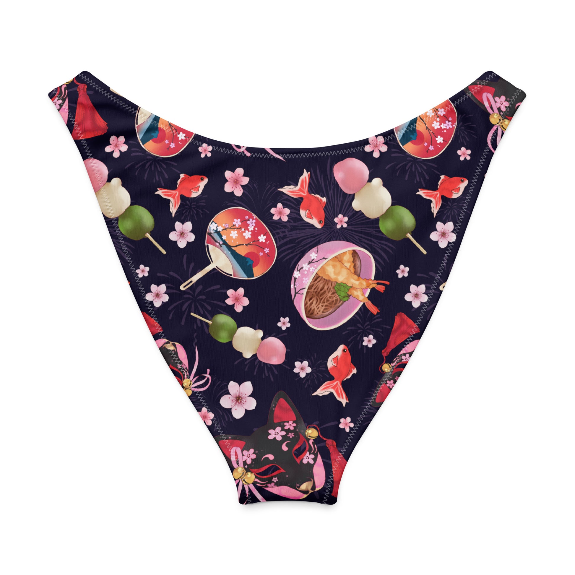 V-cut bikini bottom with a colorful Japanese-themed print, perfect for summer and beach outings.