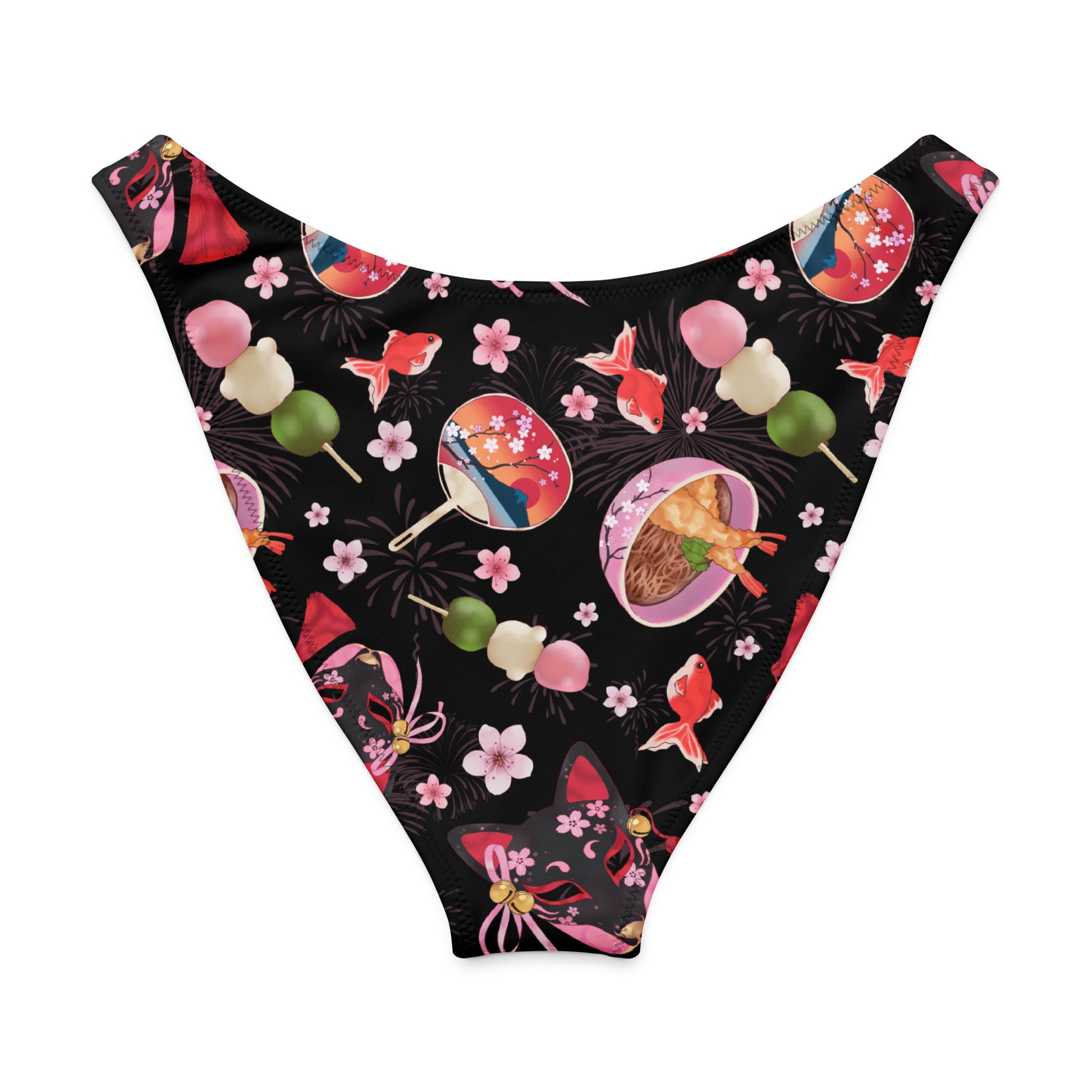 Matsuri V-cut bikini bottom featuring vibrant floral and traditional Japanese motifs on a black background.