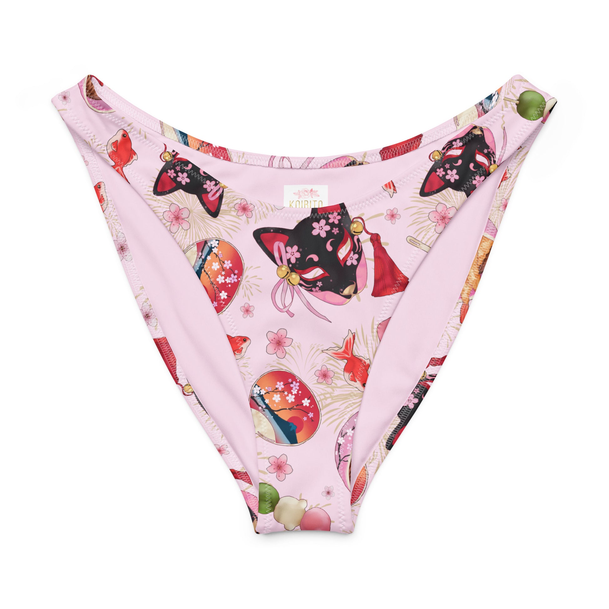 Matsuri V-cut bikini bottom featuring a playful print with floral and cat designs on a soft pink background.