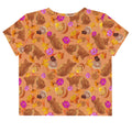The Momiji Crop Top showcases a vibrant pattern with warm autumn colors and floral accents, perfect for fall styling.