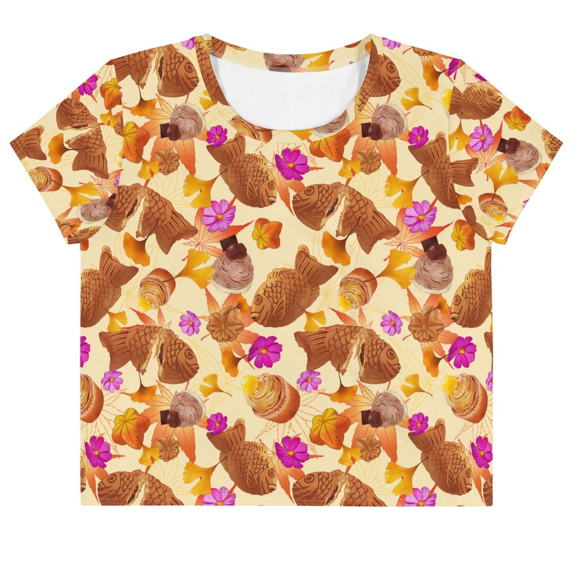 Vibrant Momiji Crop Top featuring warm tones and pink accents, perfect for autumn styles and casual occasions.