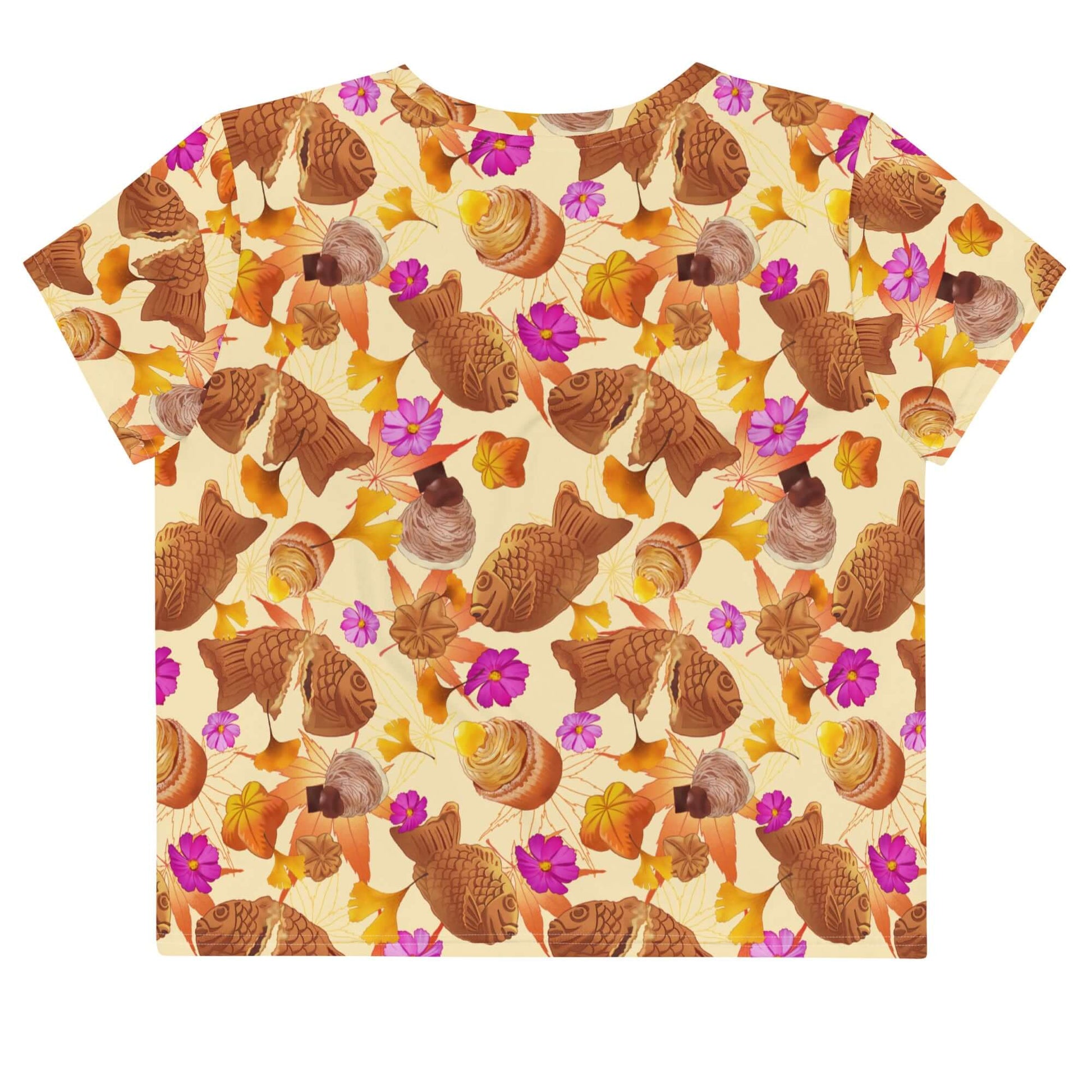 Vibrant Momiji Crop Top featuring warm tones and pink accents, perfect for fall and stylish occasions.