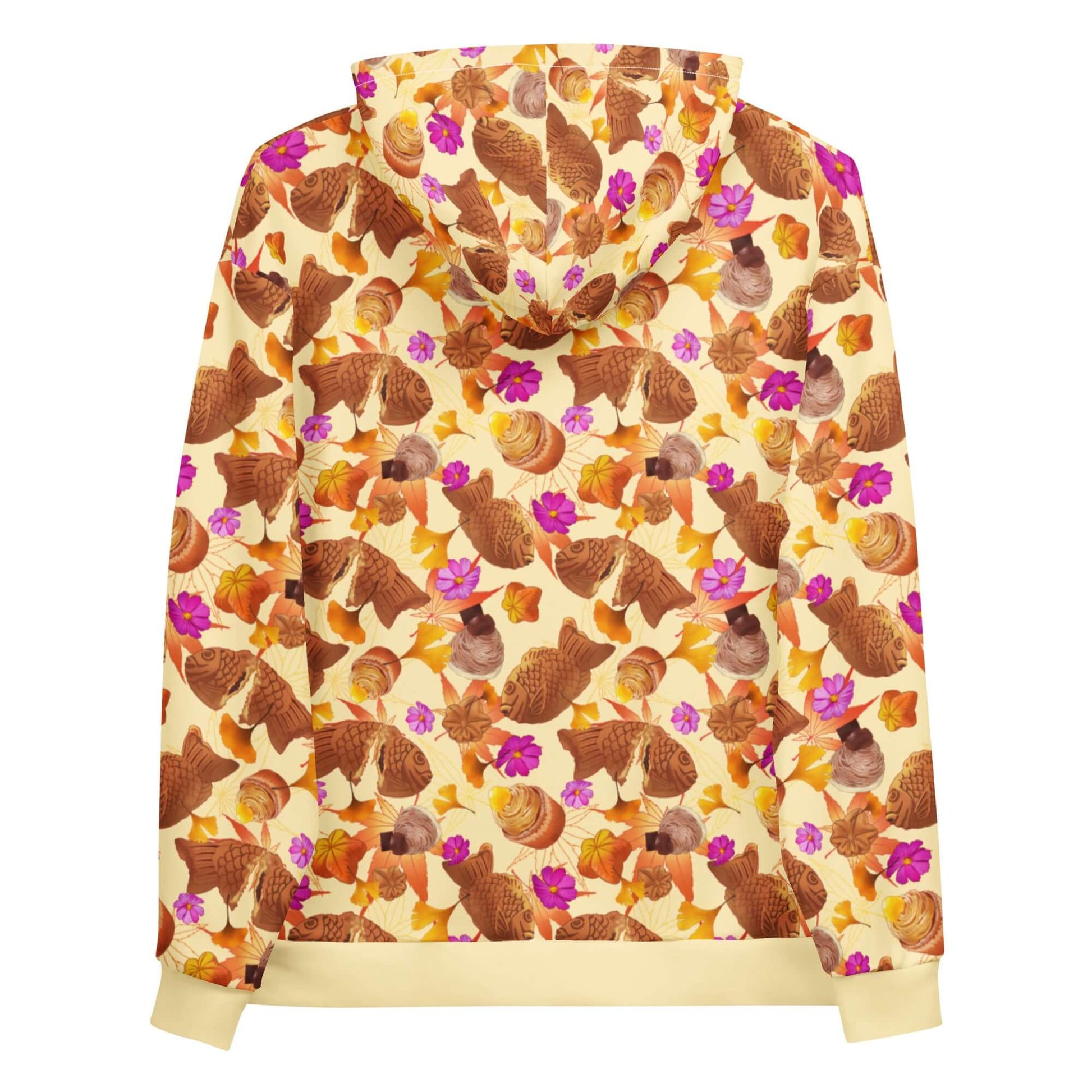 Cozy and vibrant Momiji Hoodie featuring warm tones and pink accents, perfect for fall outings.