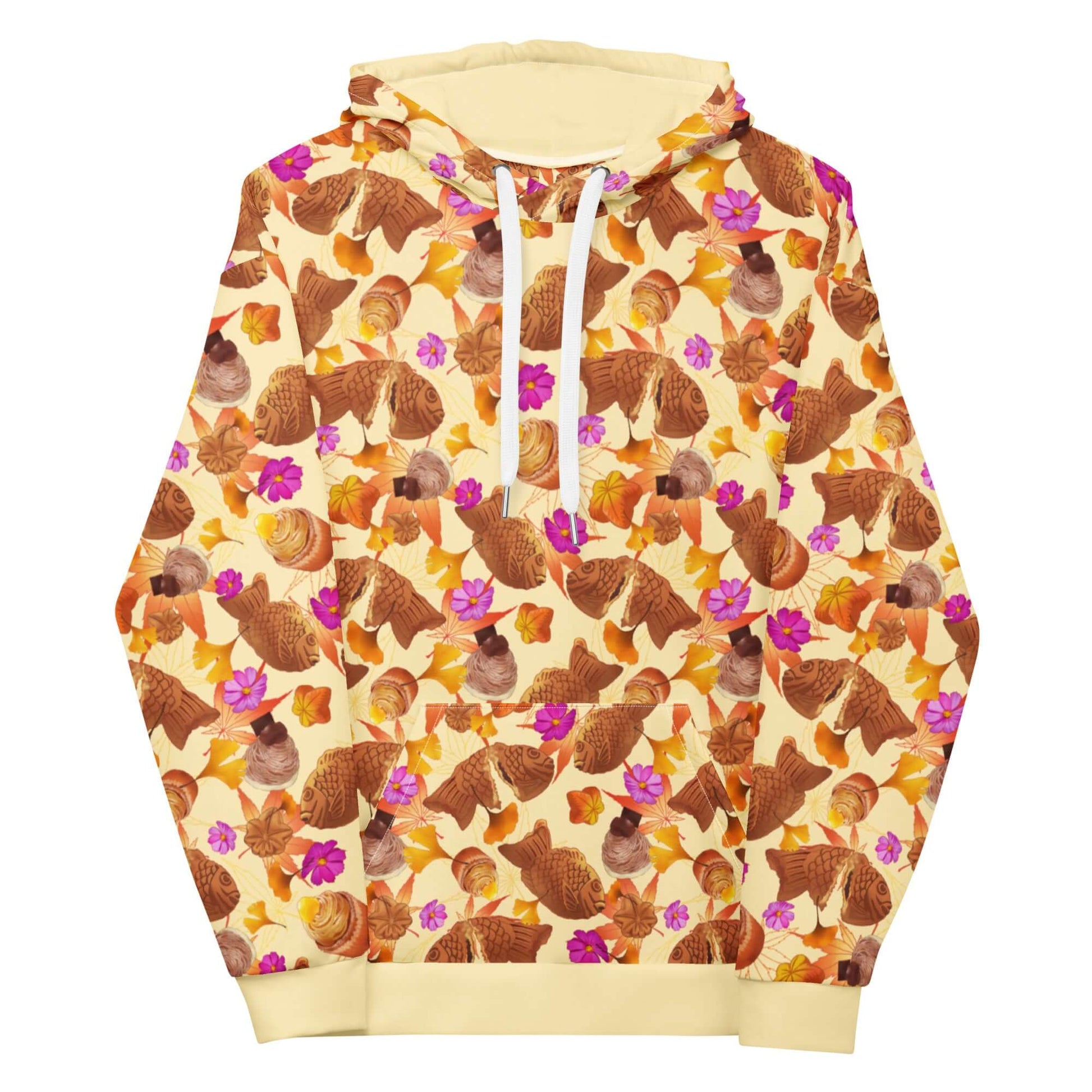 Vibrant Momiji Hoodie in warm tones with pink accents, perfect for fall and cozy occasions. Soft inside for comfort.