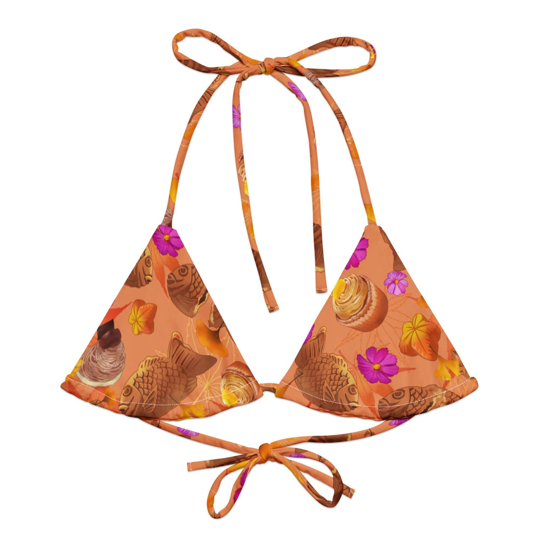 Stylish Momiji Padded String Bikini Top in vibrant print, perfect for summer and eco-friendly with UPF 50+ protection.