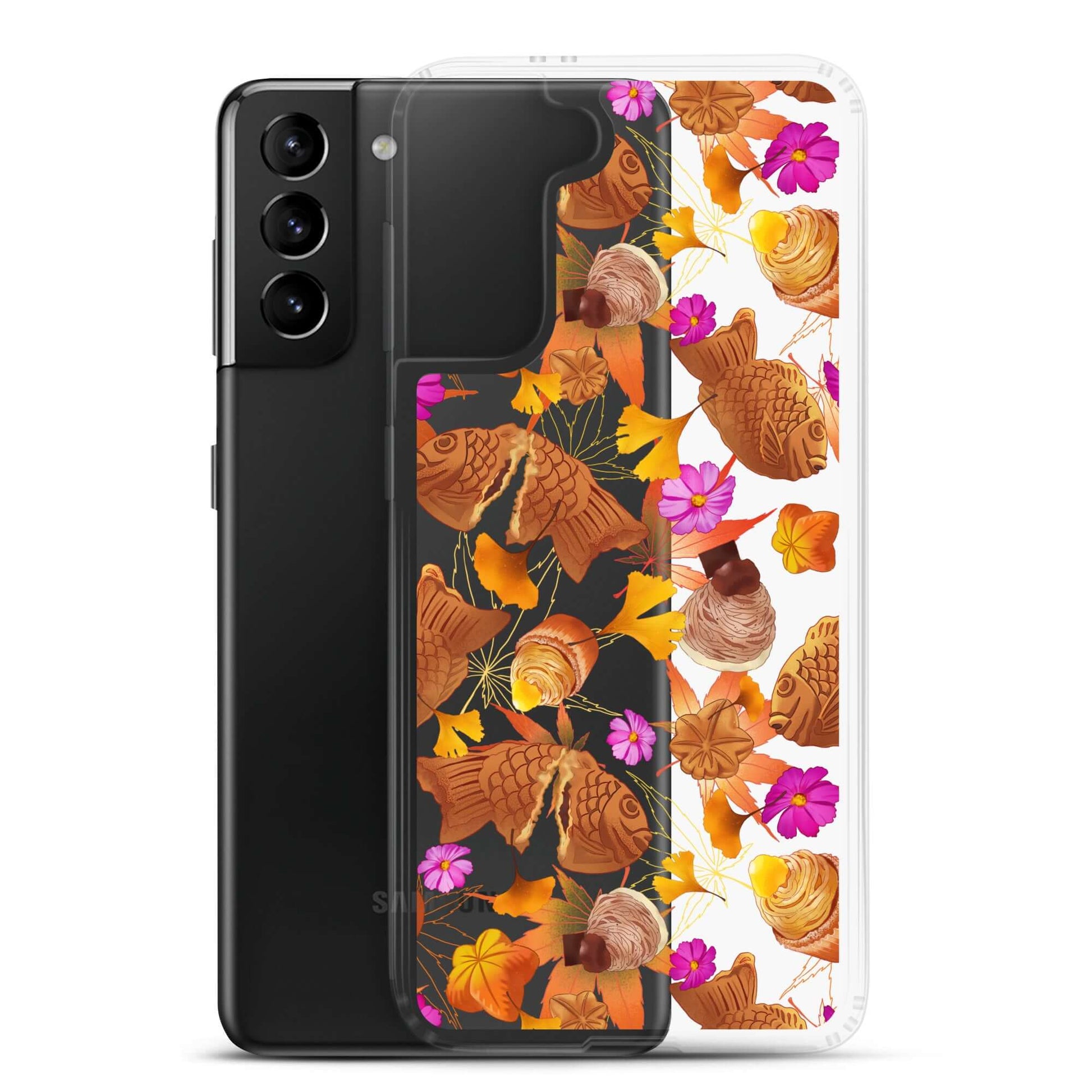 Stylish Momiji Samsung® Clear Case showcasing vibrant designs, offering protection against scratches and dirt.