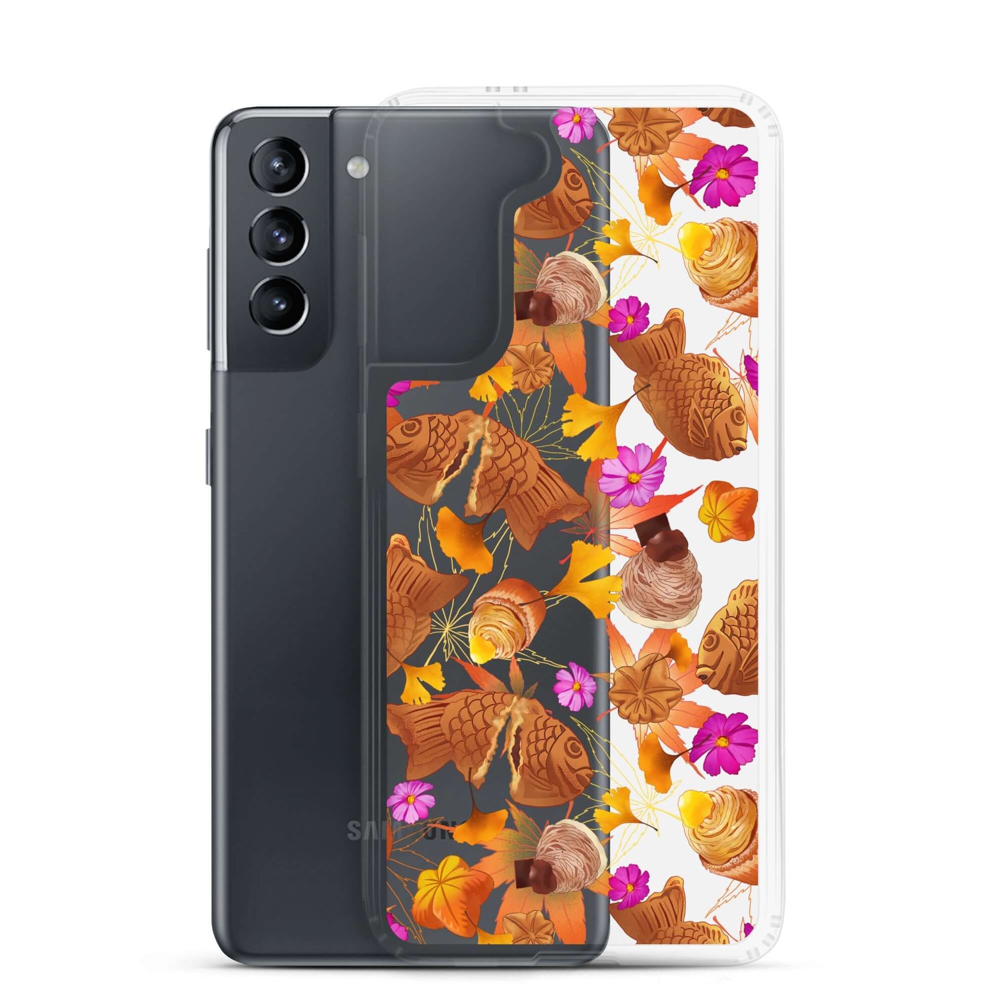 Sleek Momiji Samsung® Clear Case showcasing vibrant designs, offering protection from scratches and dirt for your phone.