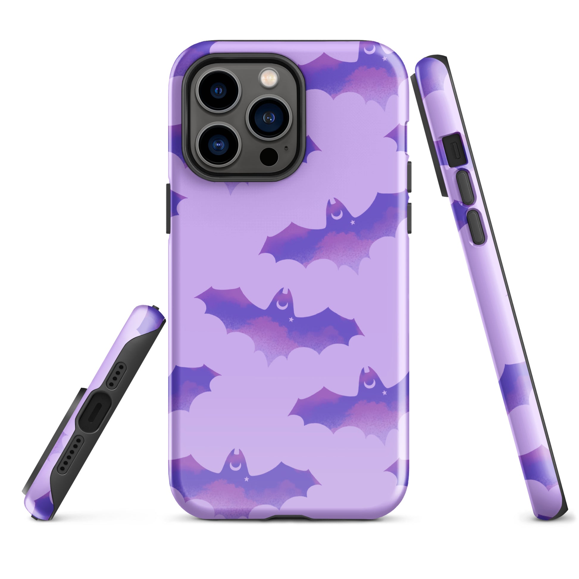 Stylish Morrigan iPhone® Tough Case featuring impact-resistant design and bat pattern for maximum protection.