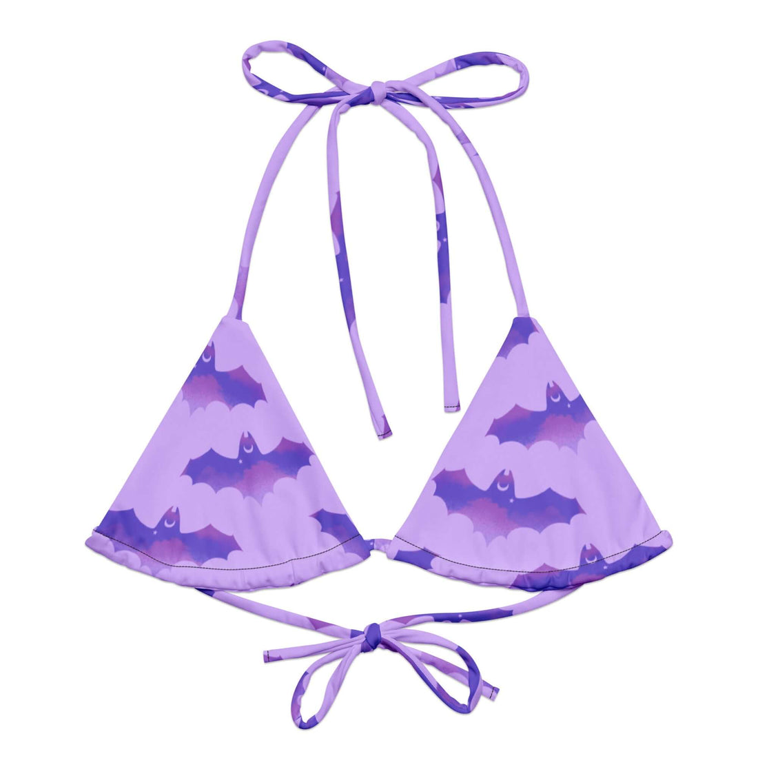 Shop the eco-friendly Morrigan Padded String Bikini Top, featuring a unique bat print and adjustable straps for comfort.