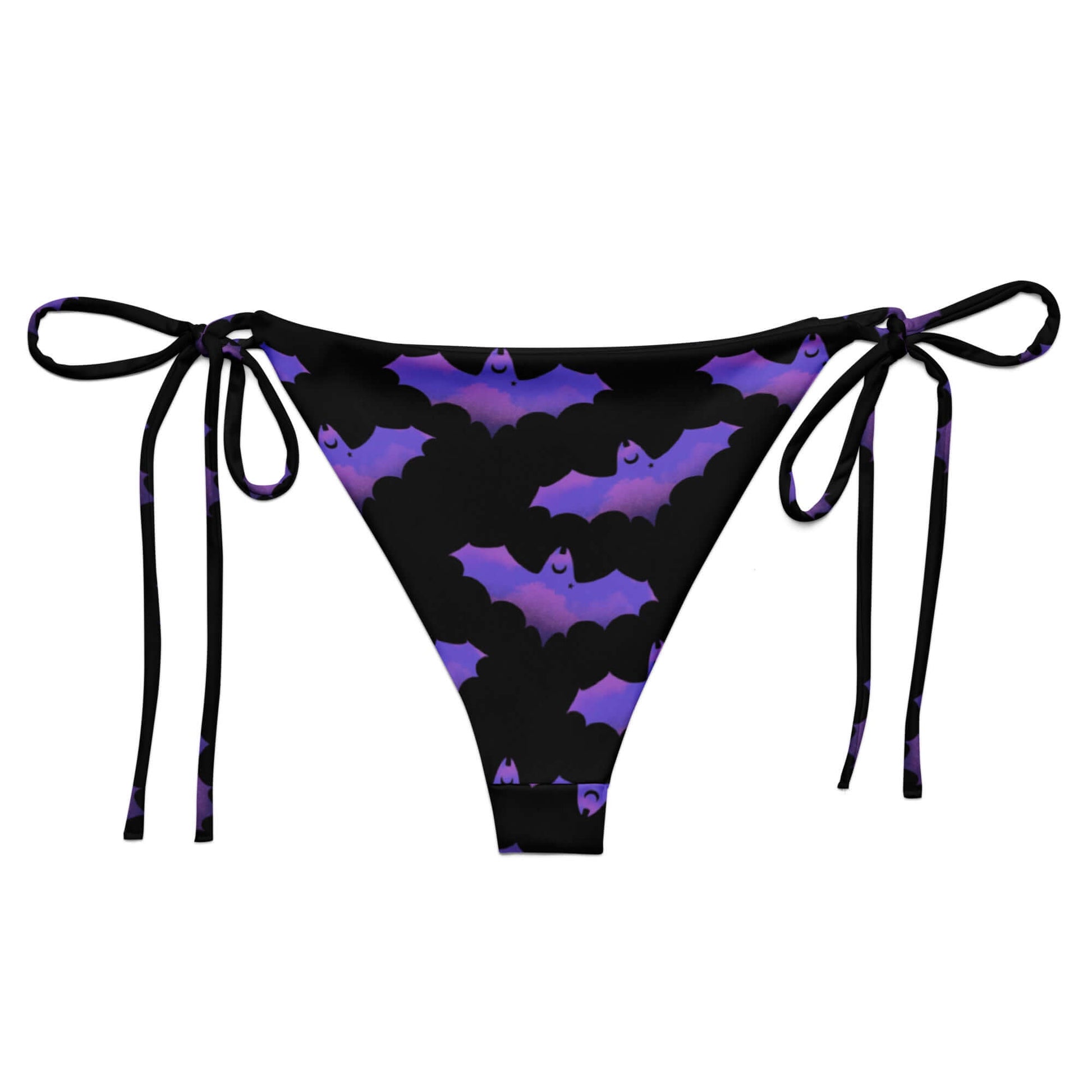Stylish Morrigan String Bikini Bottom featuring a playful bat print, perfect for poolside relaxation this summer.