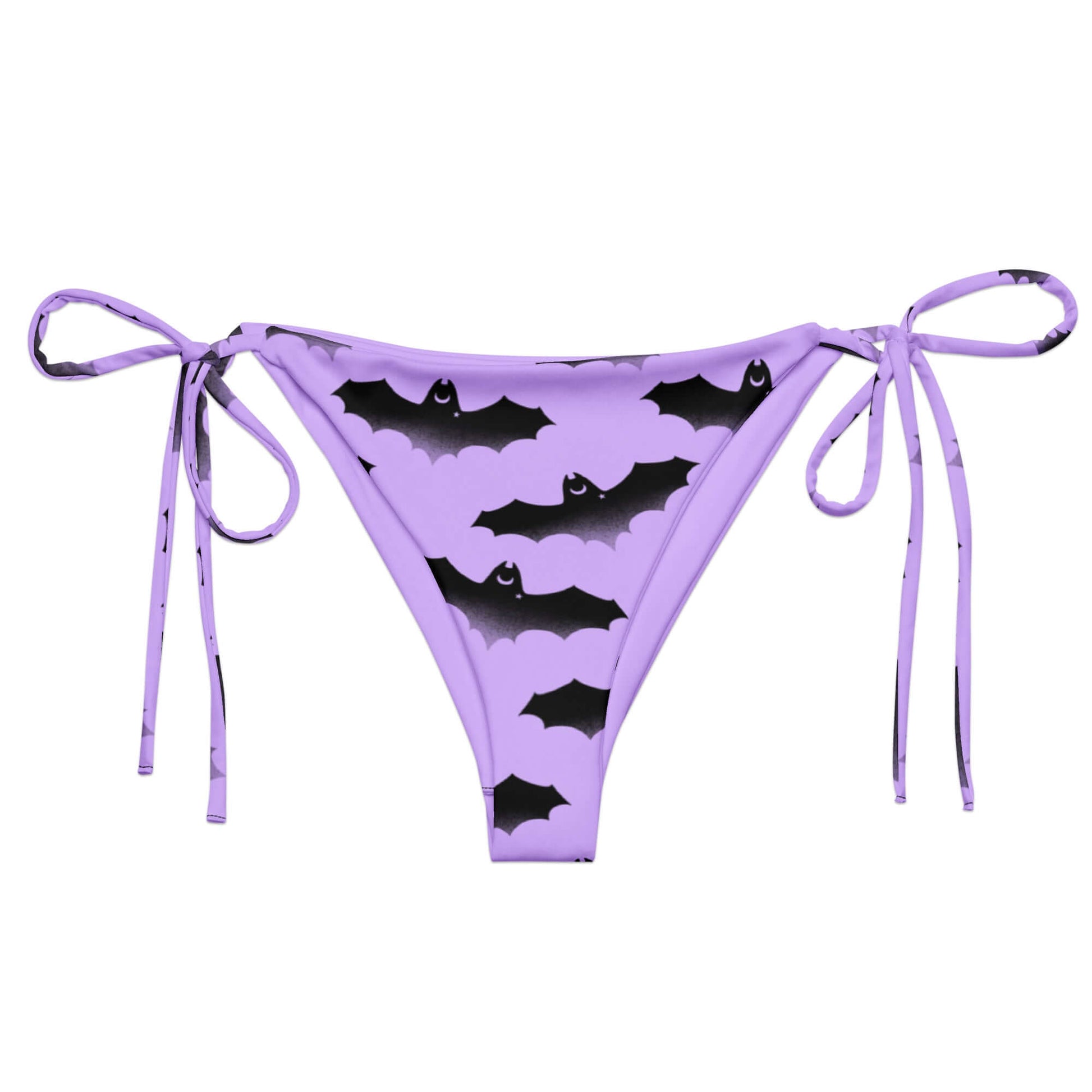 Morrigan String Bikini Bottom in lavender with bat print, perfect for poolside lounging this summer. UPF 50+ protection.