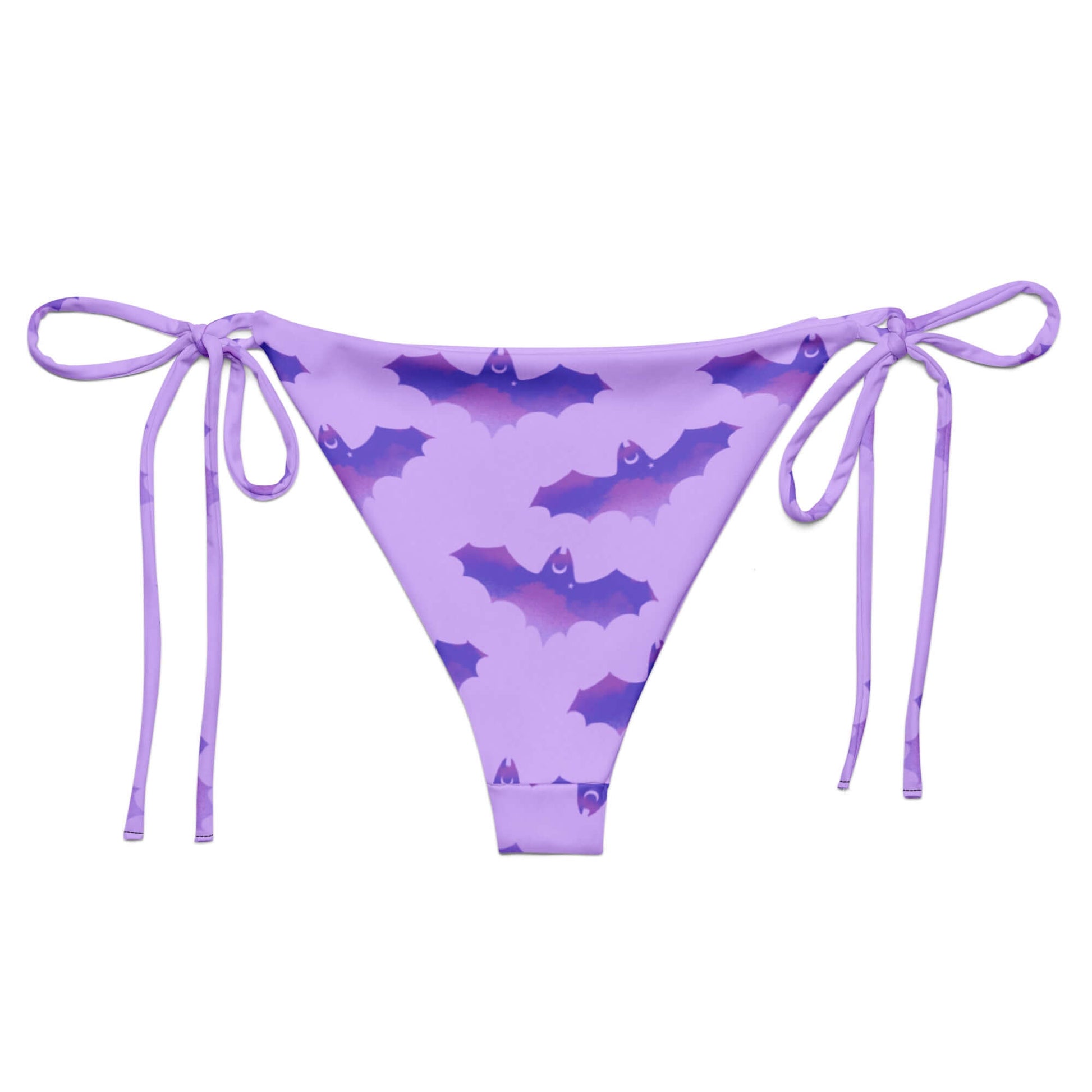 Morrigan String Bikini Bottom features a chic purple bat pattern, perfect for poolside relaxation this summer.