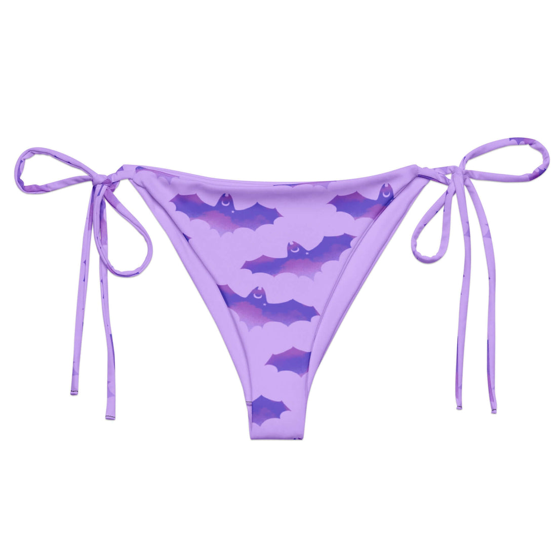 Morrigan String Bikini Bottom in purple with bat print, perfect for summer sunbathing and poolside relaxation.