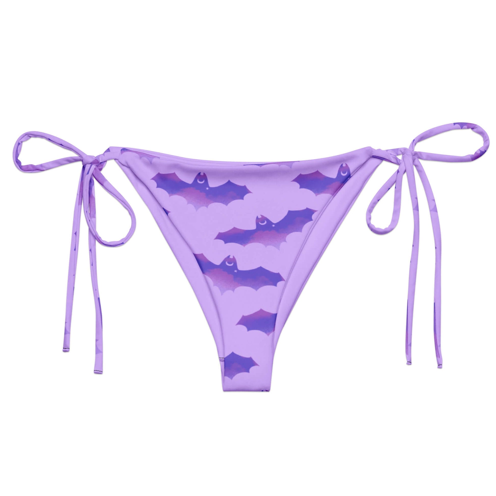 Morrigan String Bikini Bottom in purple with bat print, perfect for summer sunbathing and poolside relaxation.