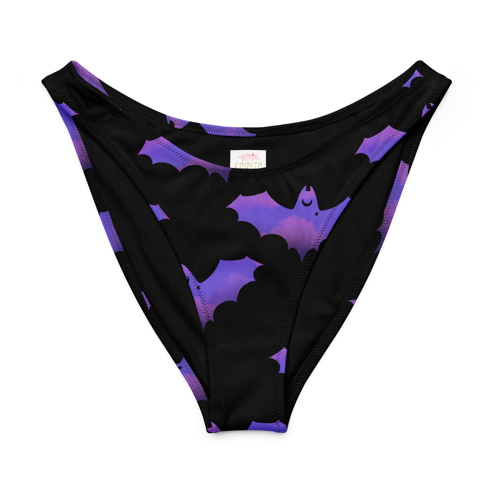 Morrigan V-cut bikini bottom featuring a playful bat print in purple and black for stylish summer vibes.