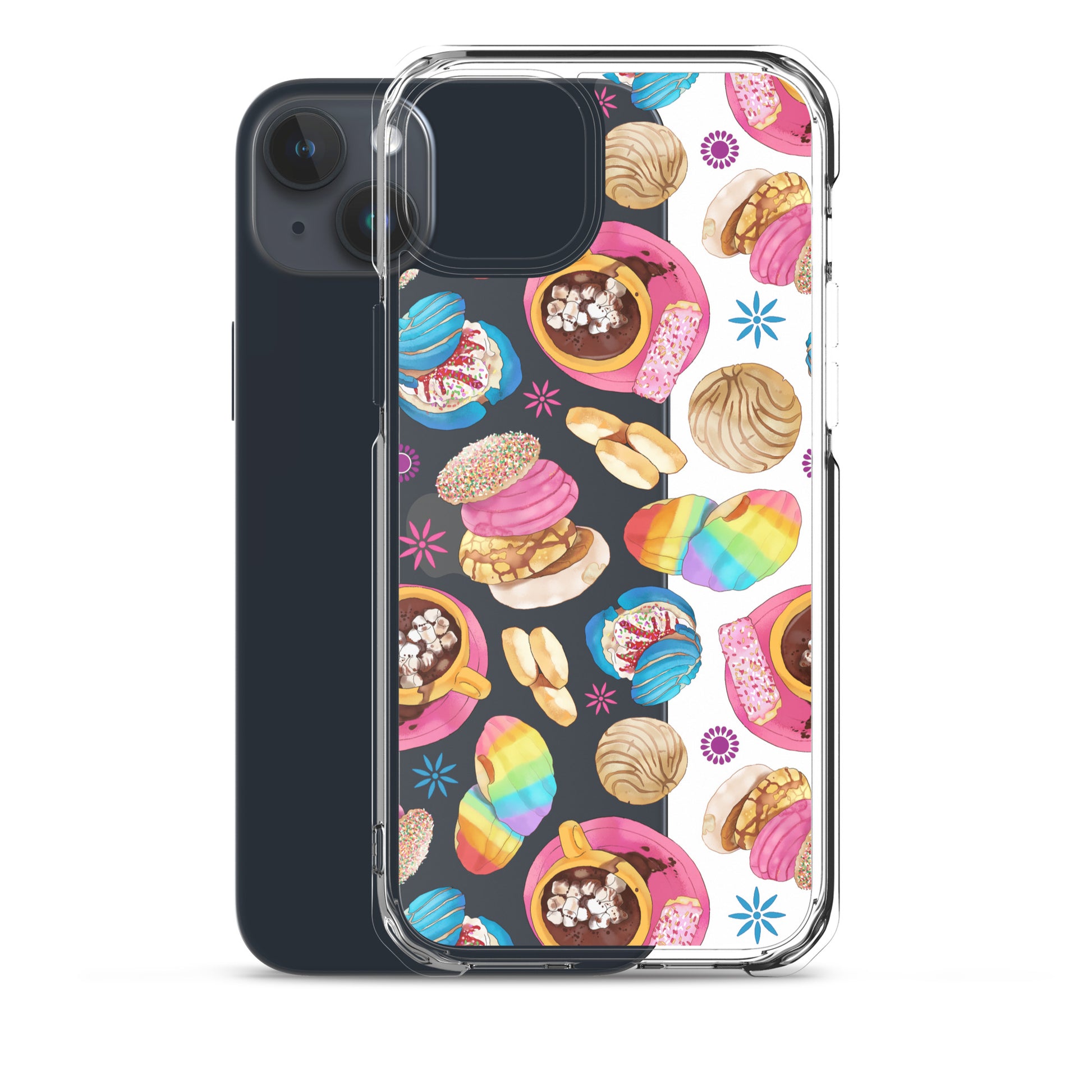 Sleek Pan Dulce iPhone® Clear Case with colorful dessert design, protecting against scratches and dirt. Perfect for iPhone 15.