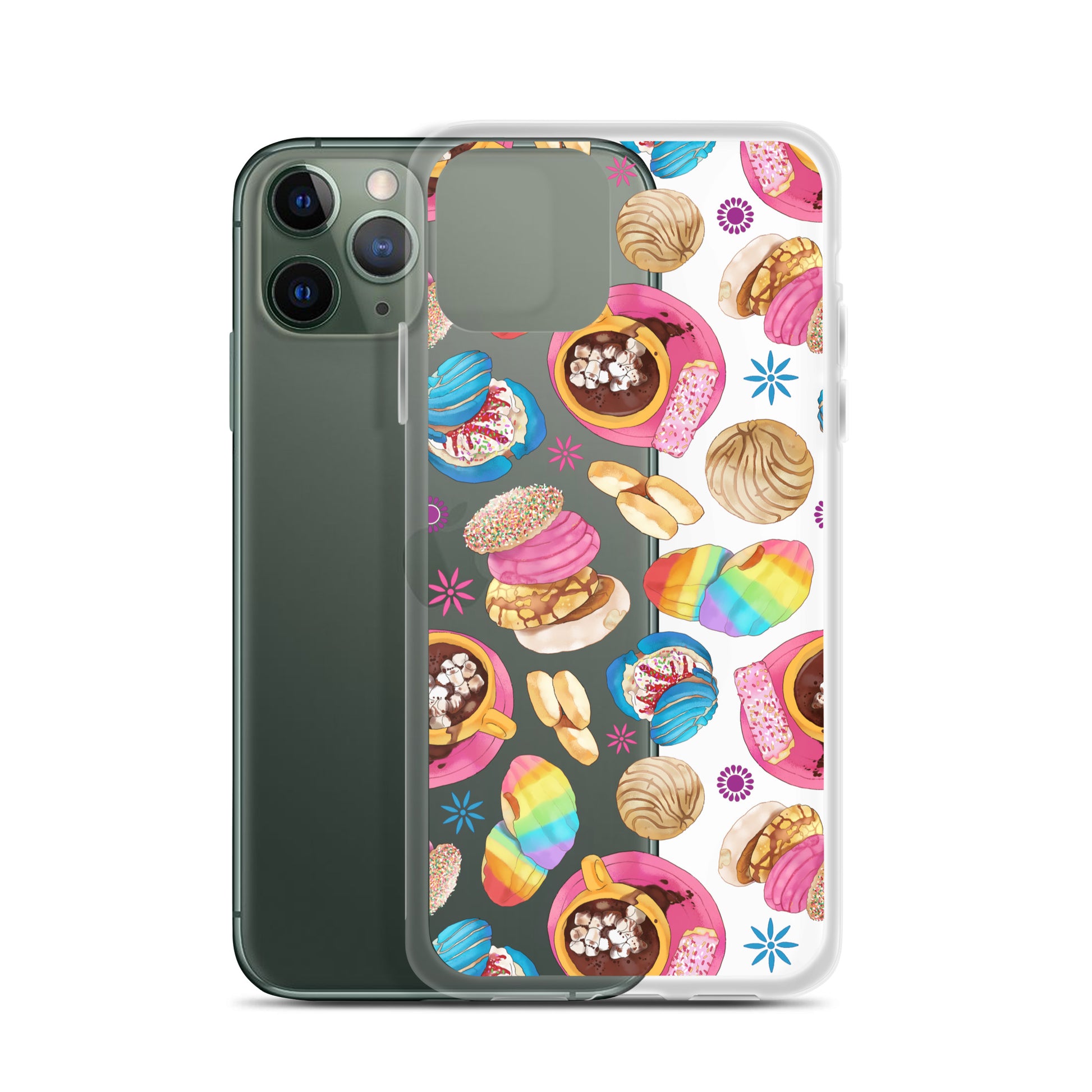 Colorful Pan Dulce iPhone® Clear Case showcases vibrant pastries, offering sleek protection for your phone.