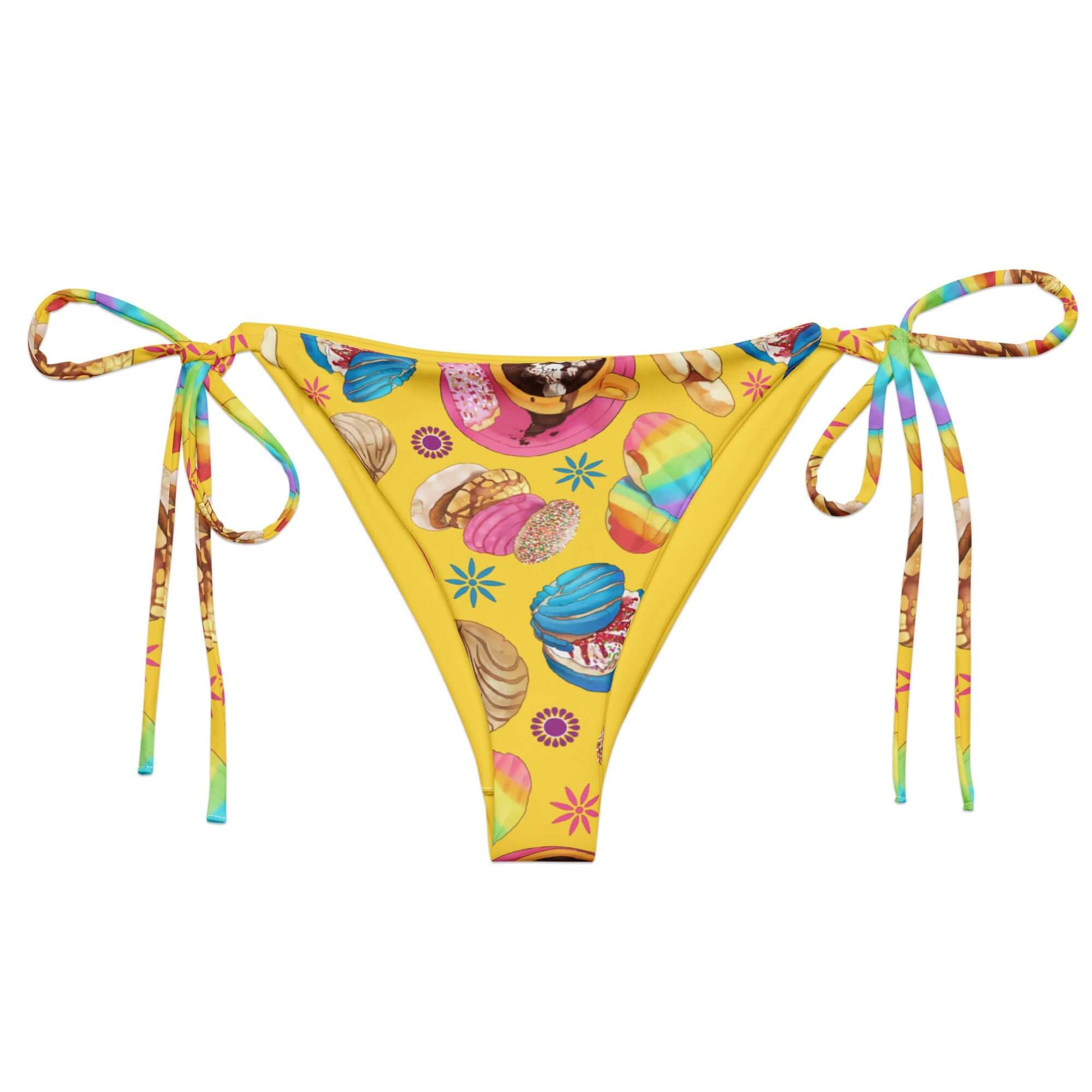 Bright and fun Pan Dulce String Bikini Bottom featuring colorful dessert prints, perfect for summer poolside lounging.