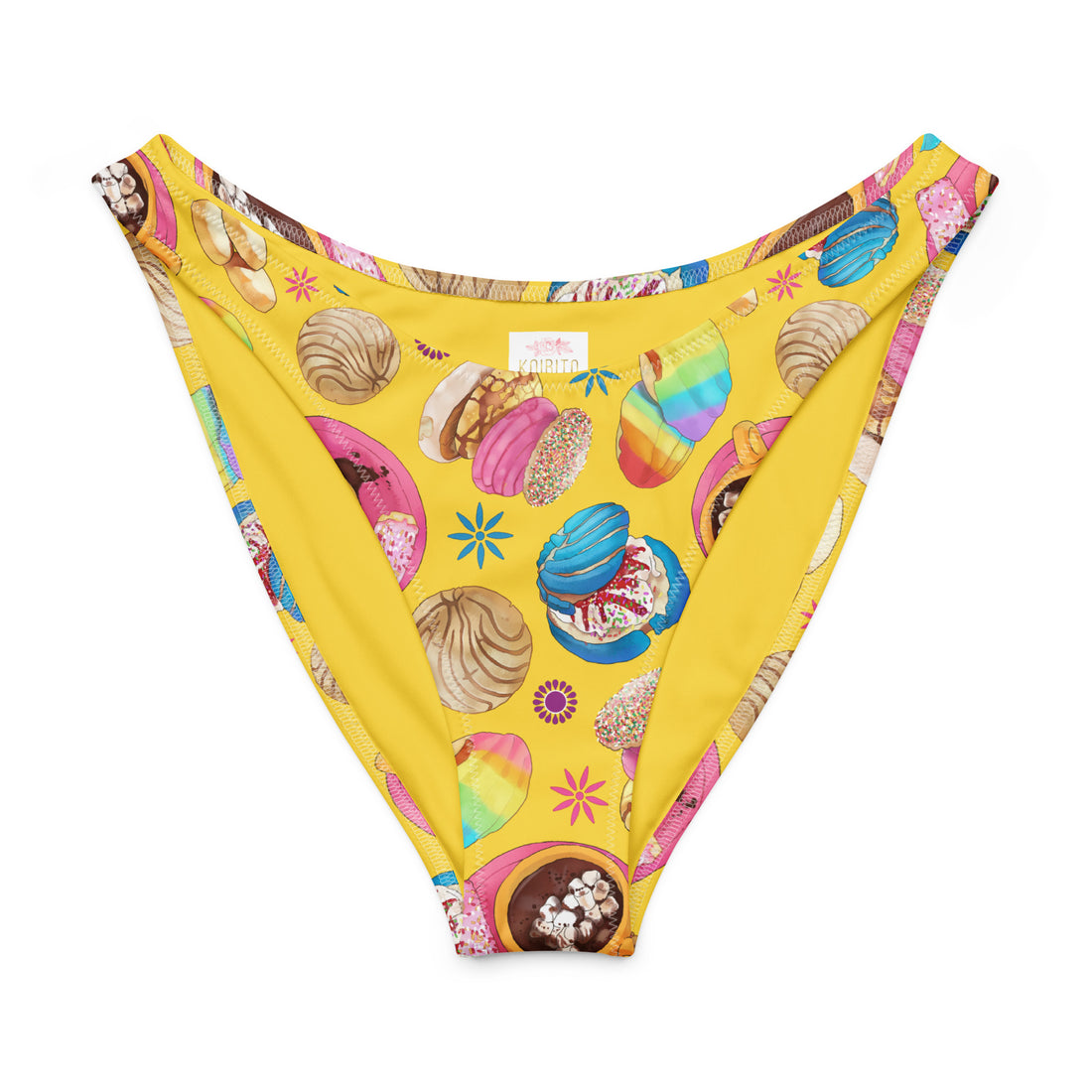 V-cut bikini bottom with a fun dessert print on a bright yellow background, perfect for summer vibes.