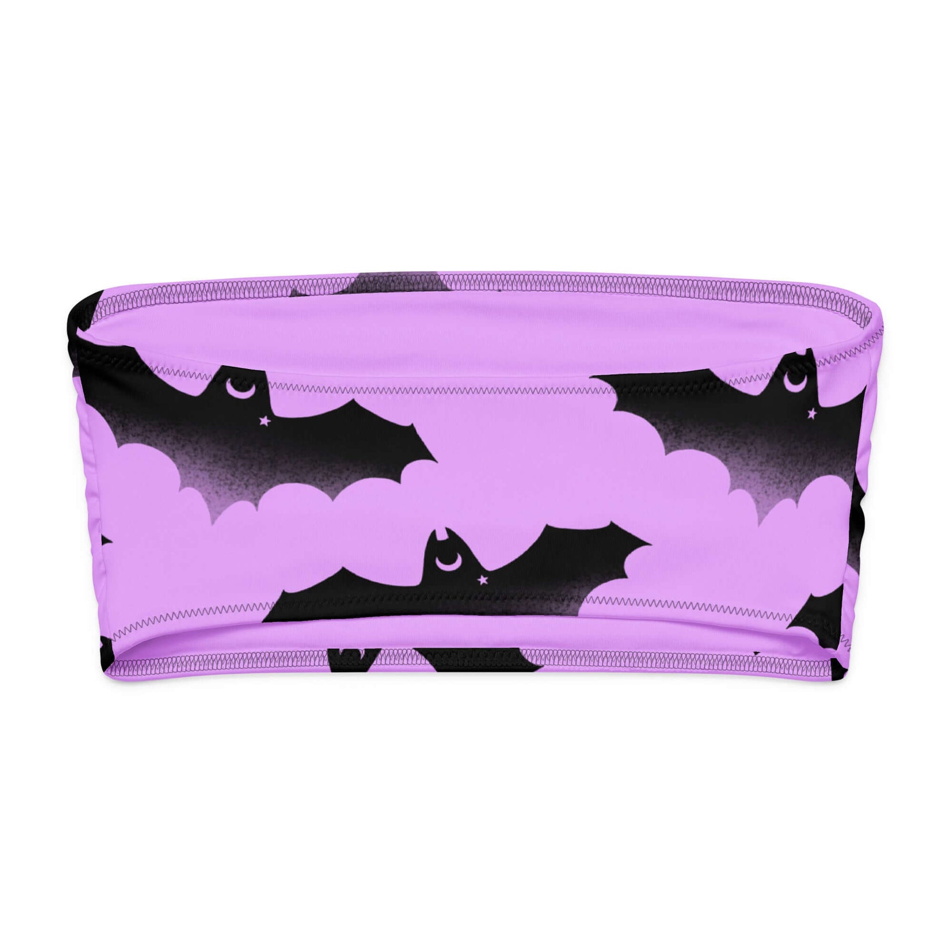 Aensland bandeau bikini top in purple featuring playful bat and moon print, perfect for summer lounging.