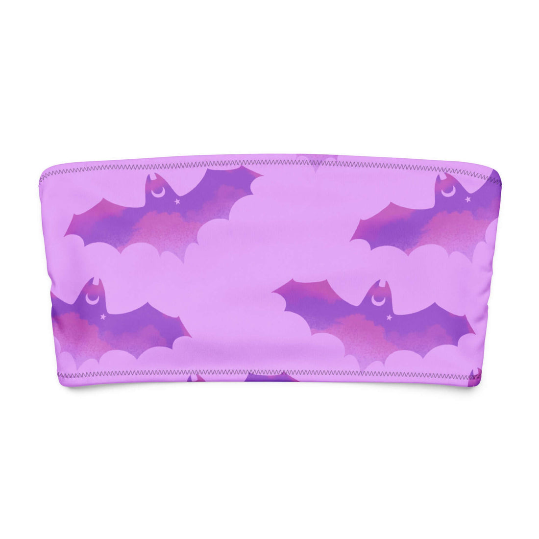 Aensland Bandeau Bikini Top featuring a playful bat pattern on a pink background, perfect for summer fun.