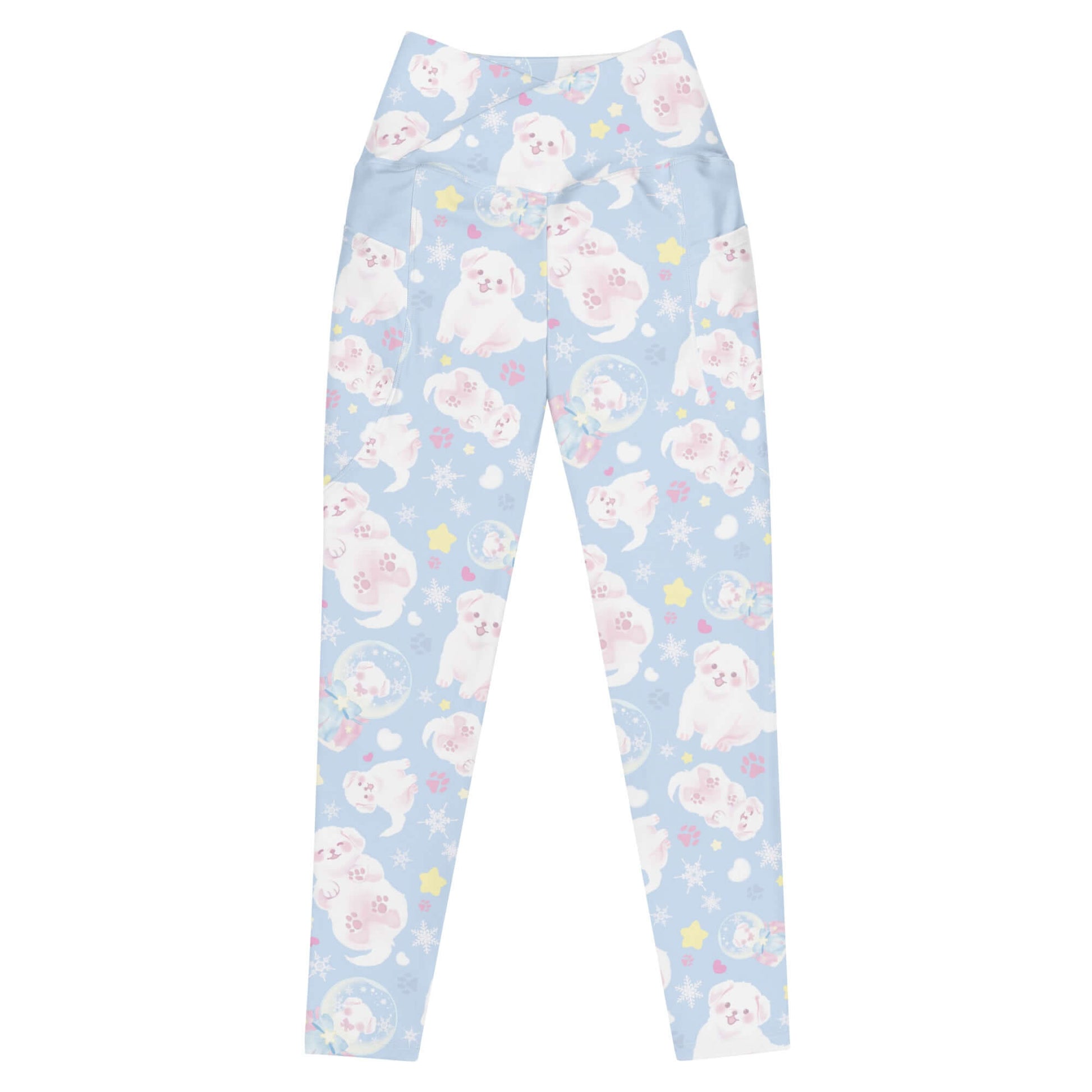 Soft, high-waisted Premium Snow Puppy Leggings featuring fluffy puppies, perfect for lounging or workouts.