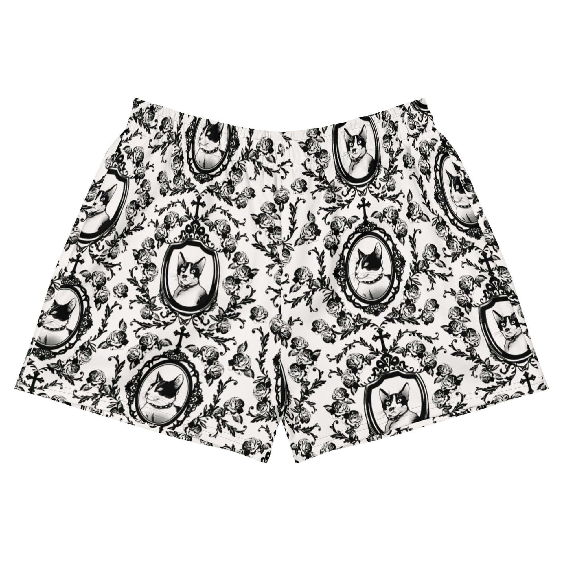 Stylish Queen's Beloved Kitty Athletic Short Shorts featuring a charming cat print, perfect for lounging or exercise.