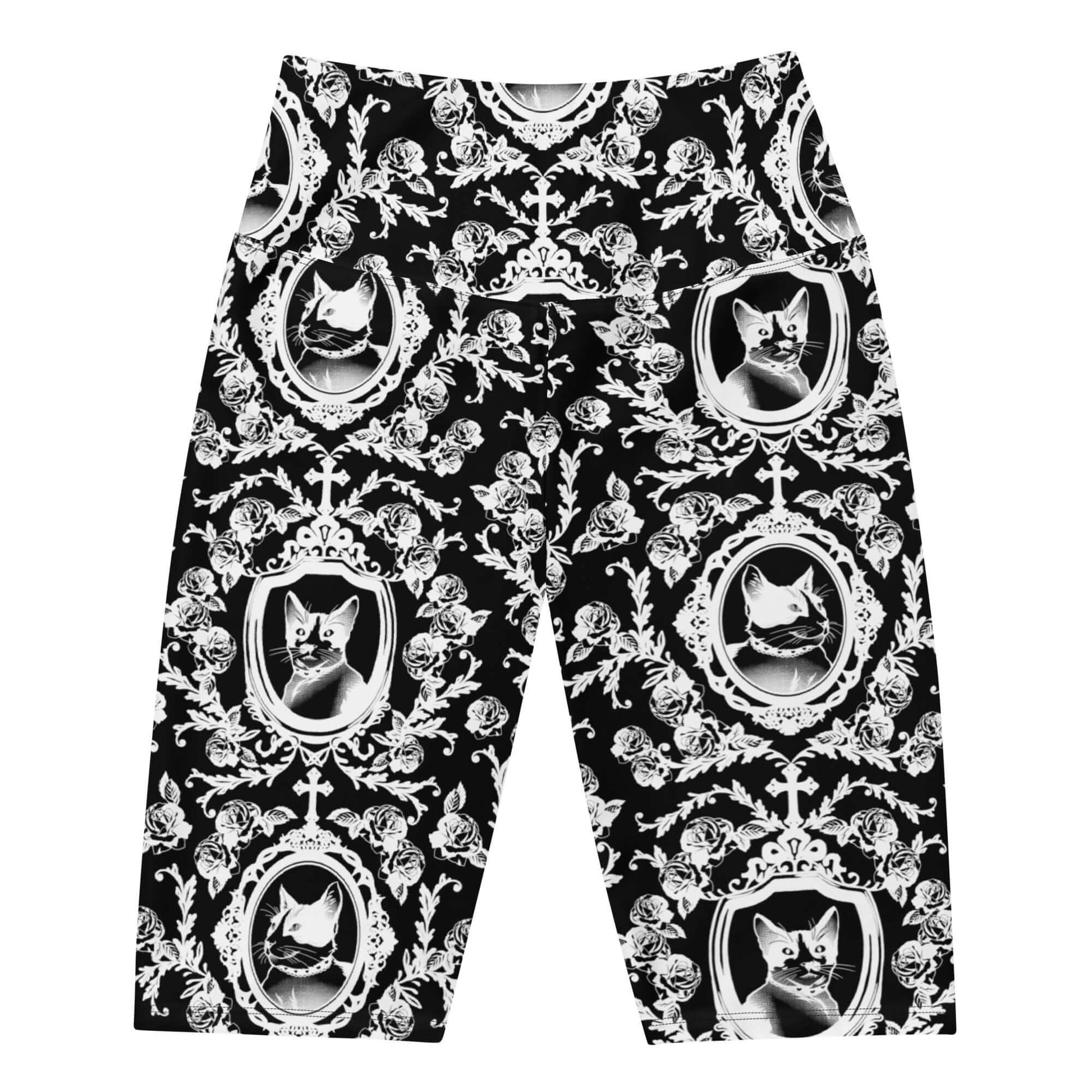Stylish high-waisted Queen's Beloved Kitty Biker Shorts featuring a chic black and white cat pattern, perfect for any outfit.