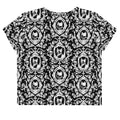 Elegant Queen's Beloved Kitty Crop Top features black-and-white cat motifs, perfect for stylish outfits.