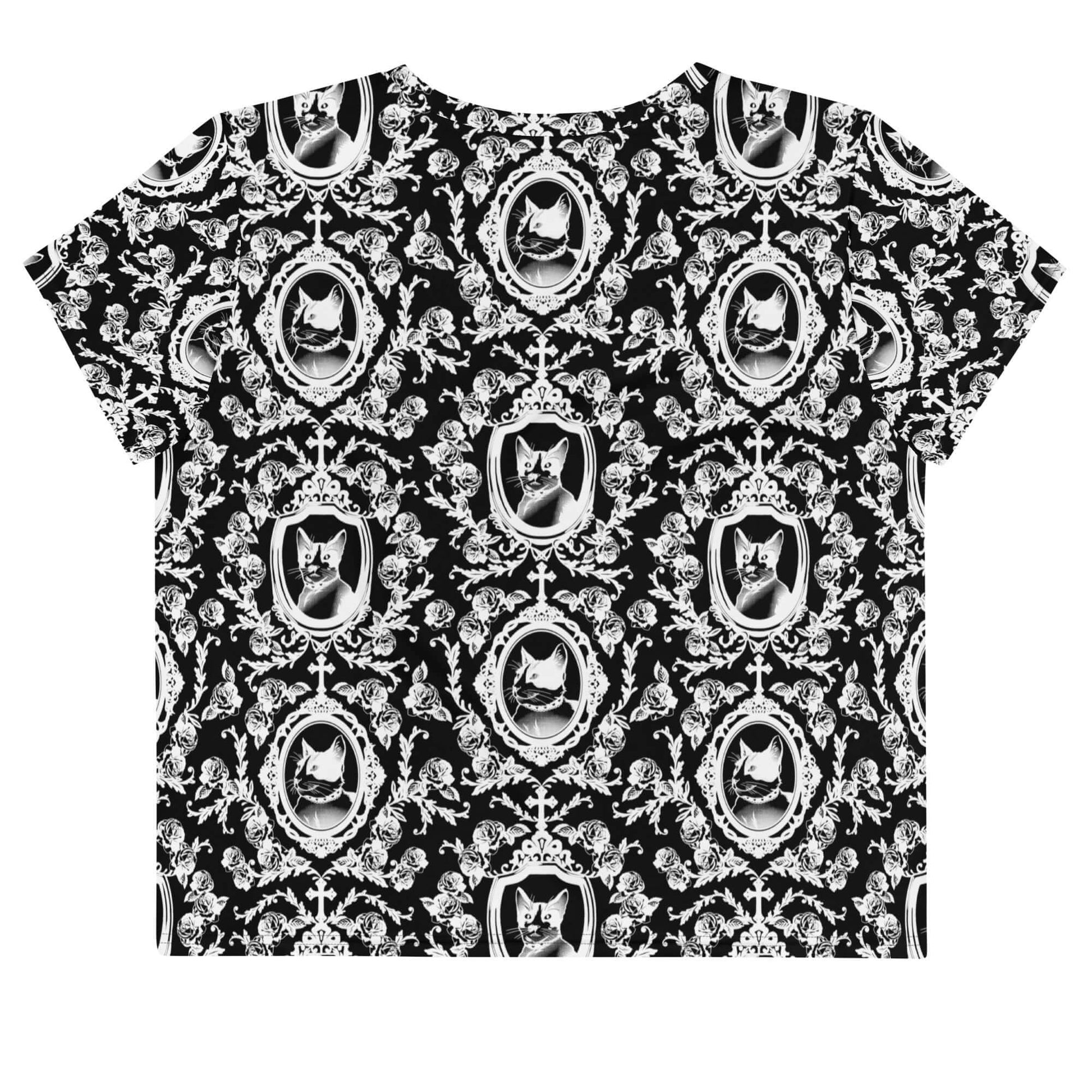 Elegant Queen's Beloved Kitty Crop Top features black-and-white cat motifs, perfect for stylish outfits.