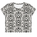 Queen's Beloved Kitty Crop Top features elegant black-and-white motifs of cats, perfect for stylish outfits.