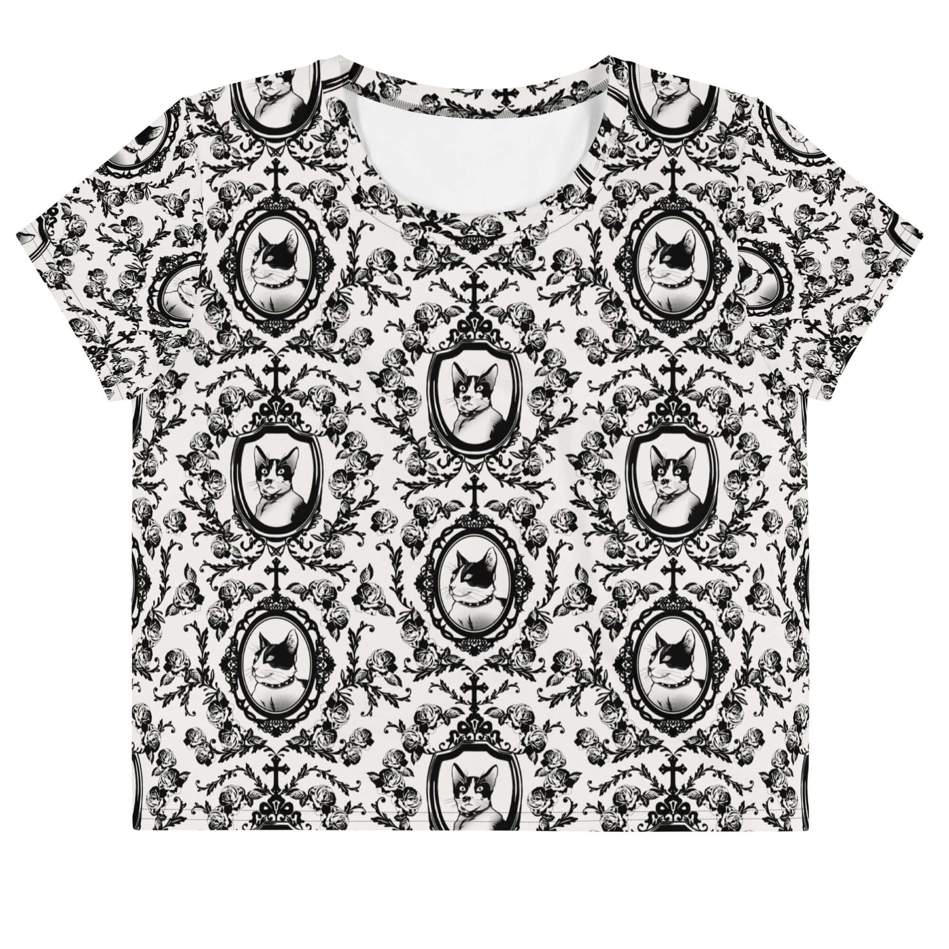 Queen's Beloved Kitty Crop Top features elegant black-and-white motifs of cats, perfect for stylish outfits.