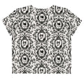 Elegant Queen's Beloved Kitty Crop Top featuring black-and-white motifs, perfect for stylish outfits.