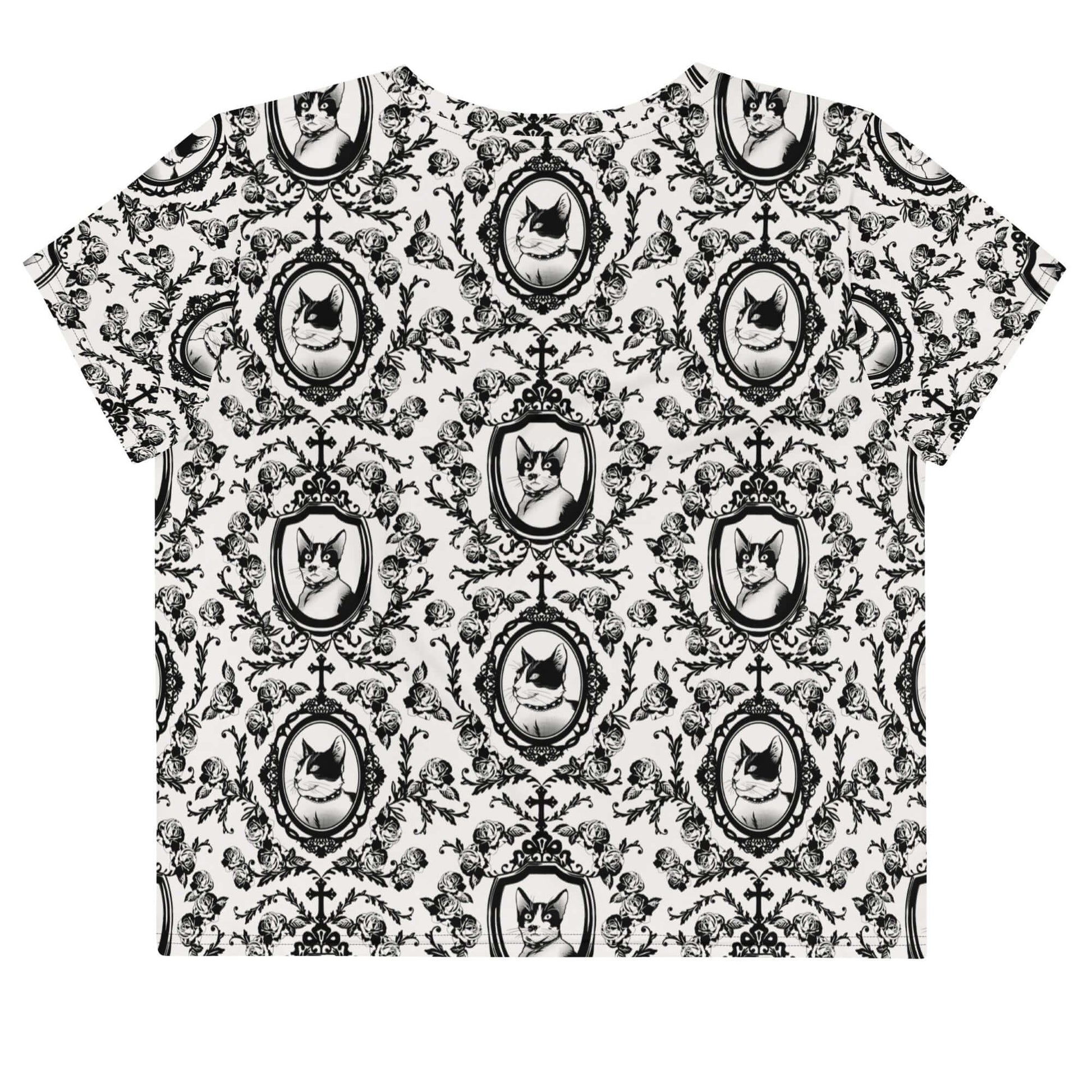 Elegant Queen's Beloved Kitty Crop Top featuring black-and-white motifs, perfect for stylish outfits.