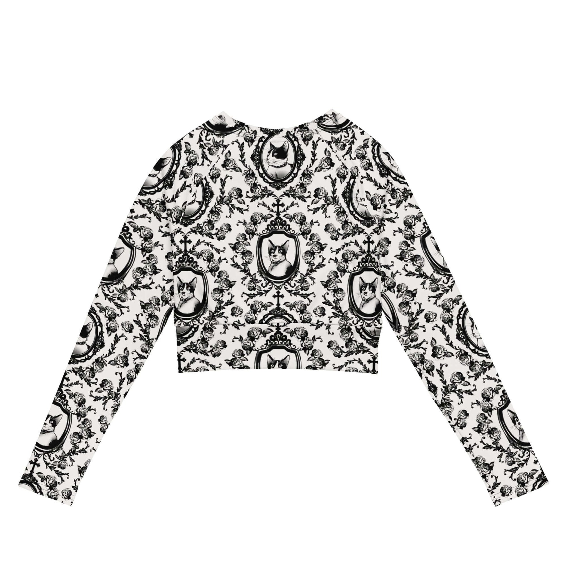 Stylish and eco-friendly, the Queen's Beloved Kitty Long-sleeved Crop Top features a regal cat print design.