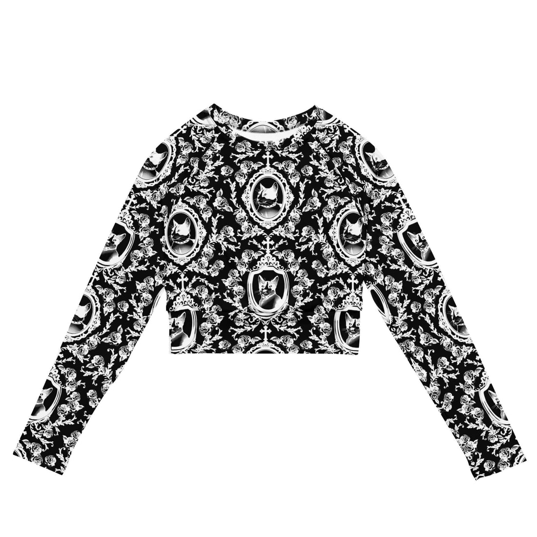 Stylish Queen's Beloved Kitty Long-sleeved Crop Top featuring a regal cat print, perfect for eco-friendly fashion lovers.
