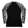 Stylish Queen's Beloved Kitty Rash Guard with intricate cat print, perfect for active swimming or grappling.