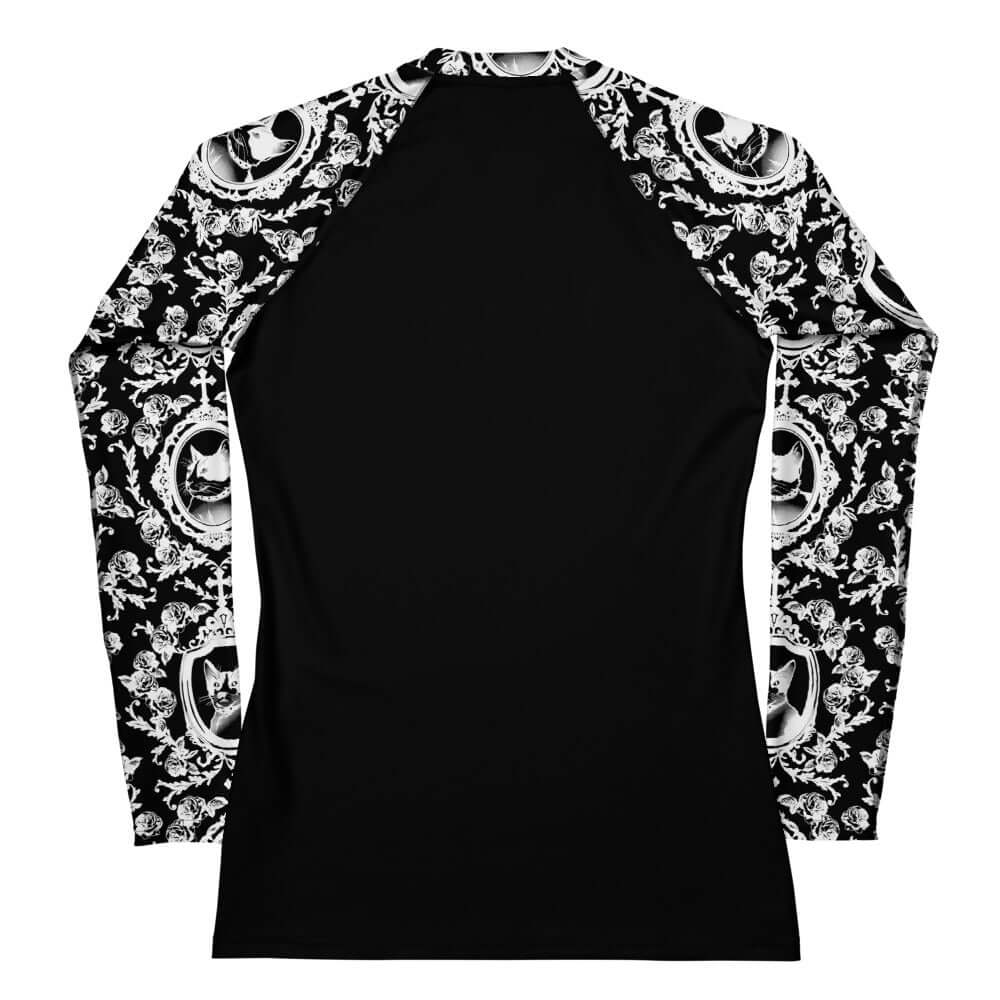 Stylish Queen's Beloved Kitty Rash Guard with intricate cat print, perfect for active swimming or grappling.