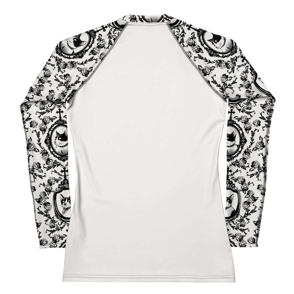 Stylish Queen's Beloved Kitty Rash Guard with unique floral and kitty design for active wear. Perfect for swimming or grappling.