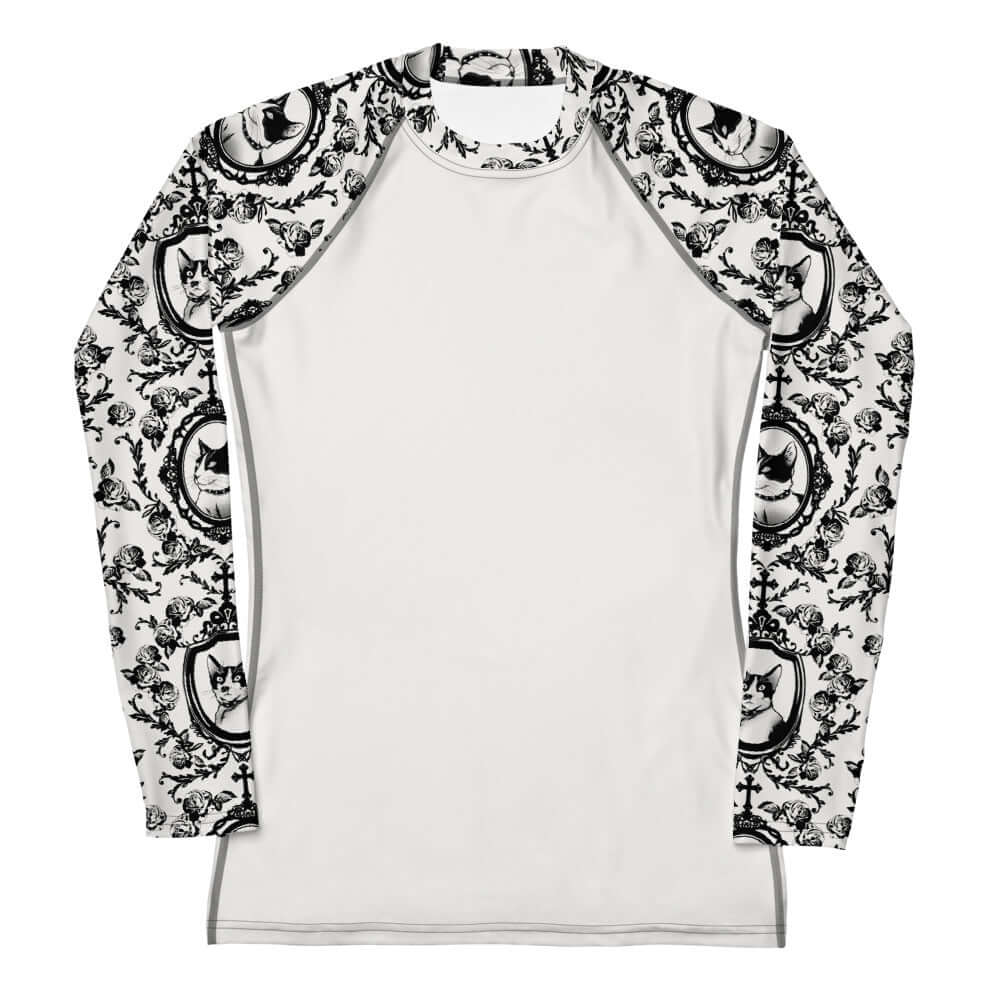 Queen's Beloved Kitty Rash Guard features stylish cat prints, perfect for active days in and out of the water.