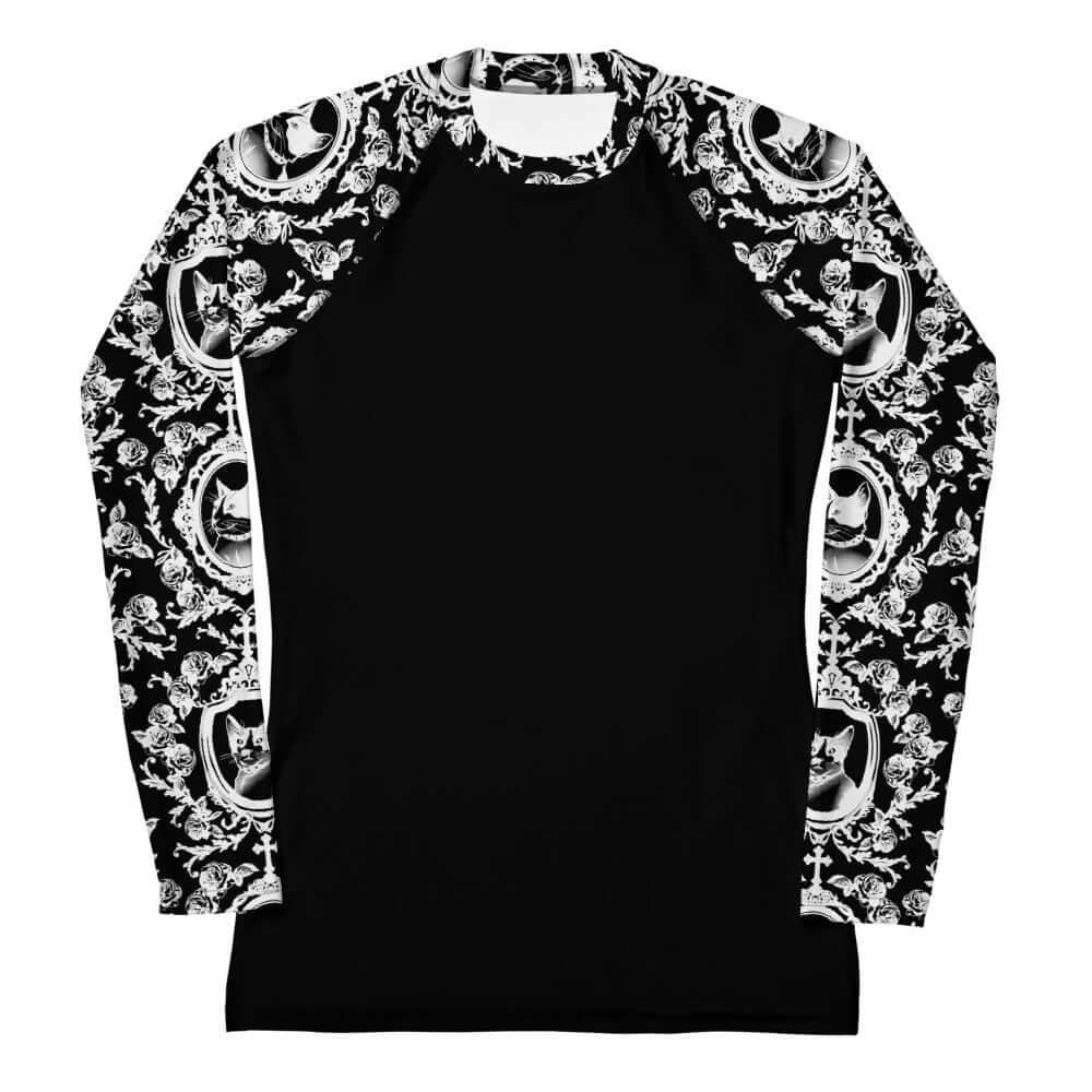 Stylish Queen's Beloved Kitty Rash Guard featuring a playful cat design, perfect for active wear and swimming.