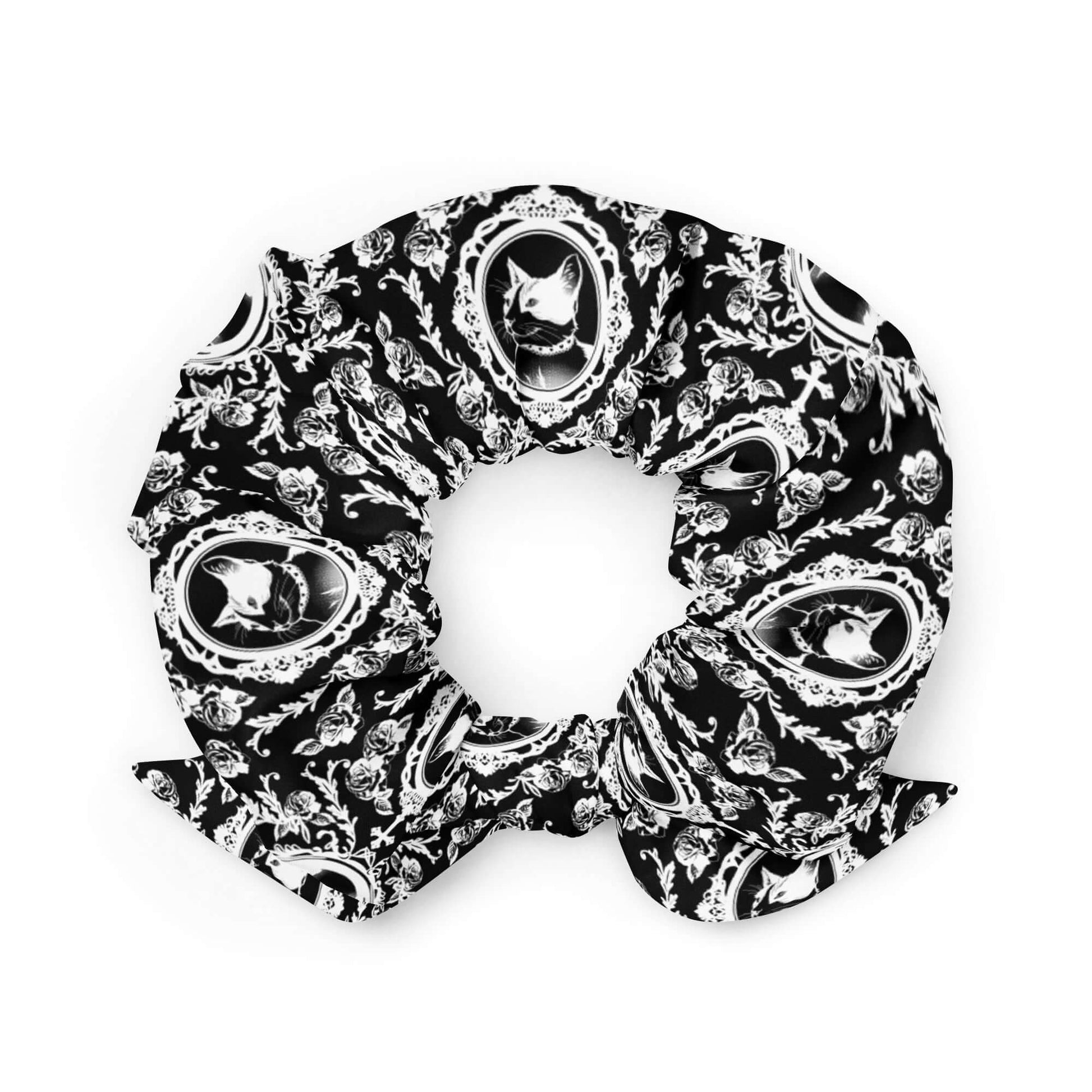 Stylish Queen's Beloved Kitty Scrunchie featuring a chic black and white cat design, perfect for any elegant look.