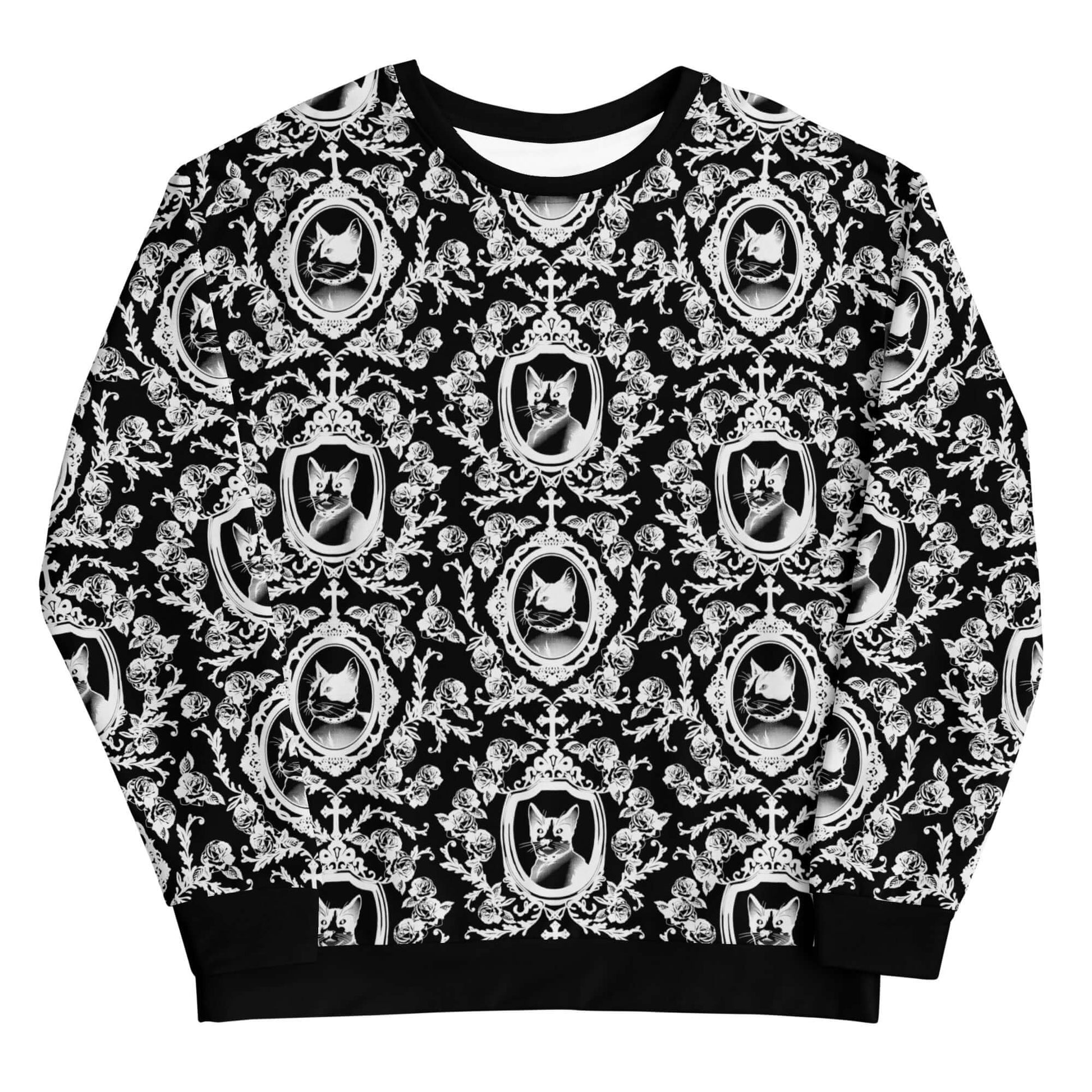 Elevate your style with the Queen's Beloved Kitty Sweatshirt, featuring elegant black-and-white motifs for a chic look.