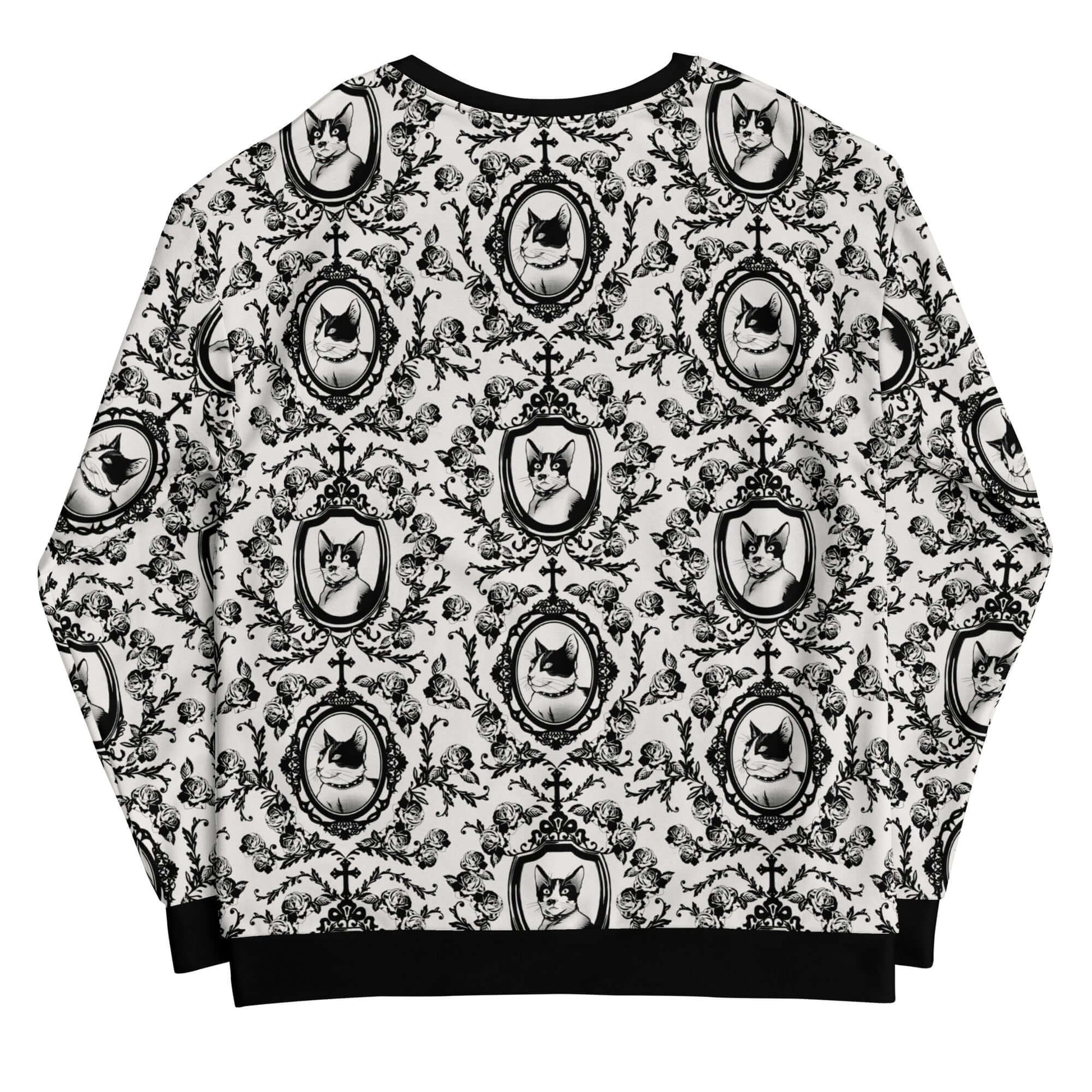 Stylish Queen's Beloved Kitty Sweatshirt featuring elegant black-and-white motifs, perfect for any outfit.