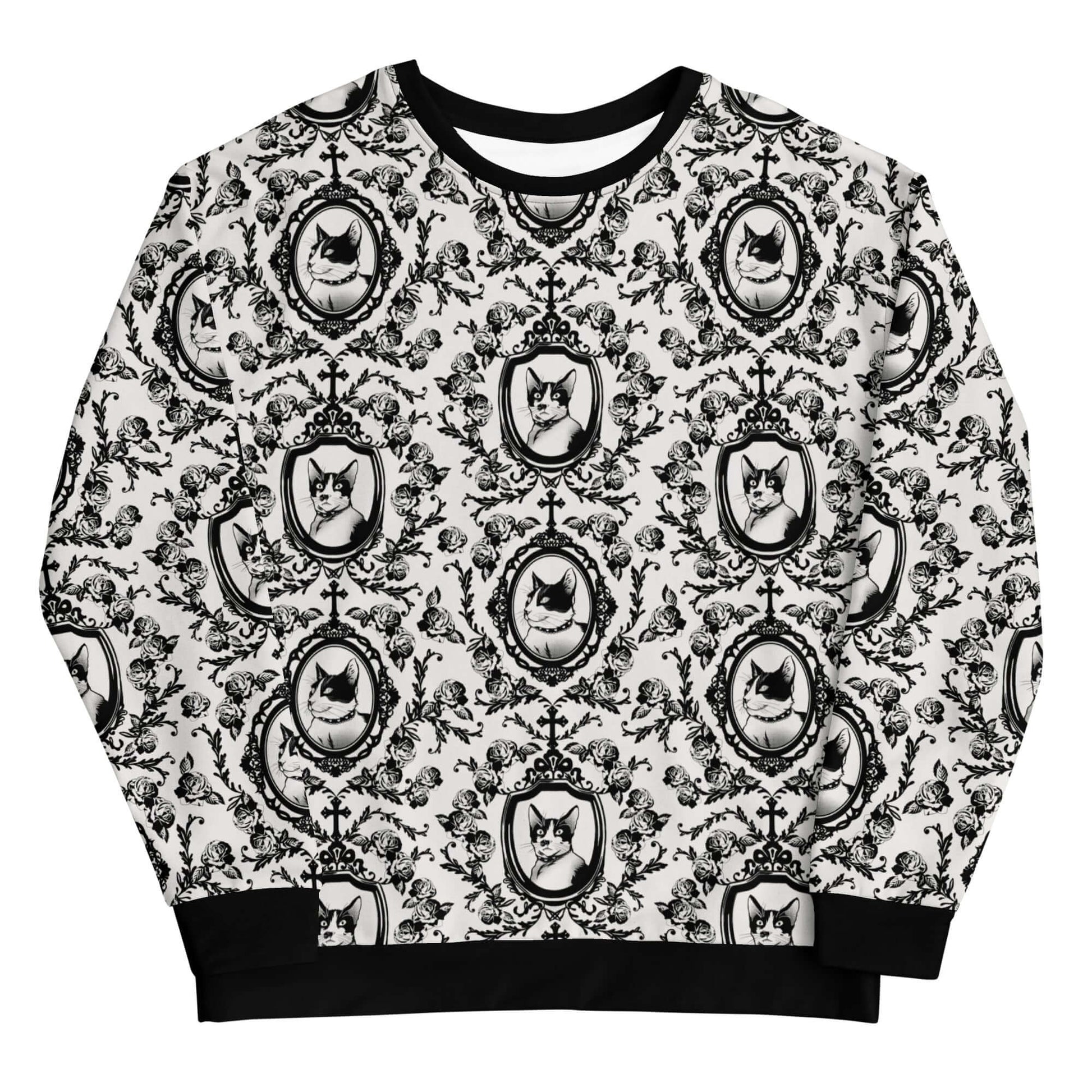 Elevate your style with the Queen's Beloved Kitty Sweatshirt, featuring elegant black-and-white motifs and soft fabric.