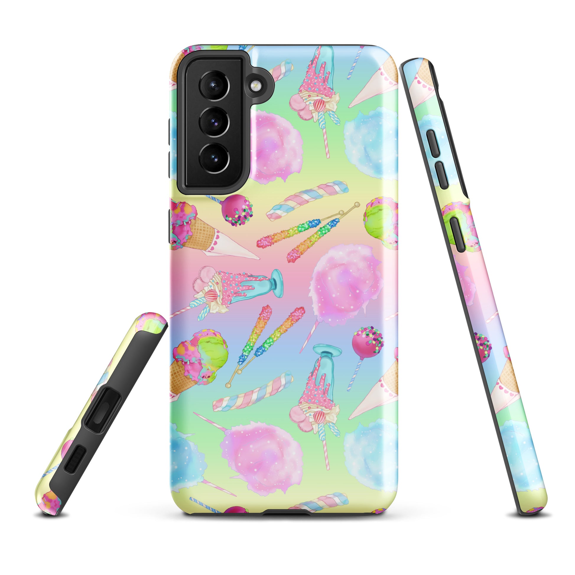 Colorful Rainbow Candy Samsung® Tough Case showcasing a fun design with ice cream and candy, perfect for protection.