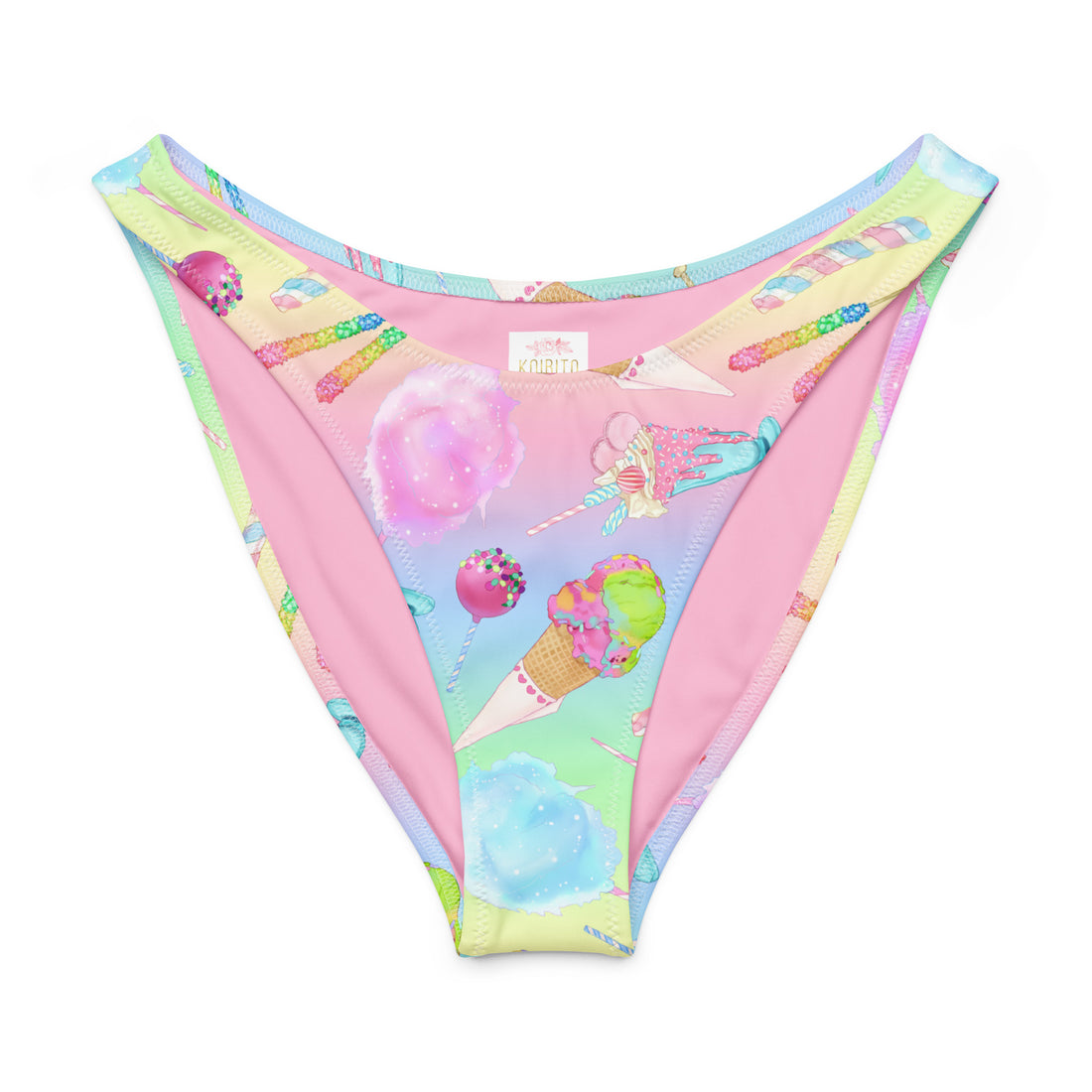Colorful Rainbow Candy V-cut bikini bottom featuring playful ice cream and candy prints.