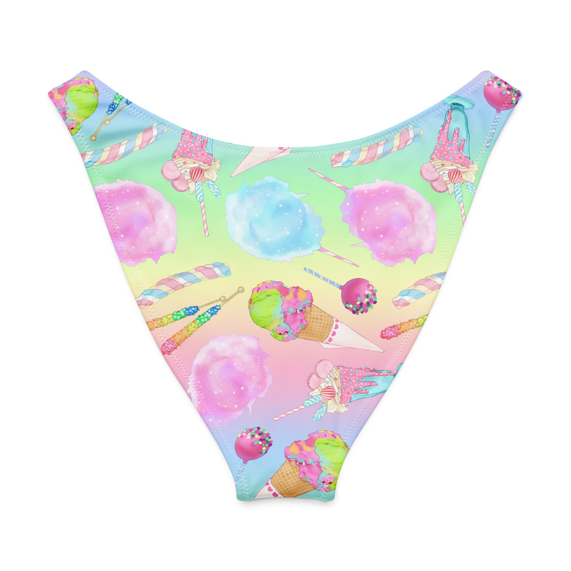 Rainbow candy V-cut bikini bottom featuring a fun candy print with ice cream and cotton candy.