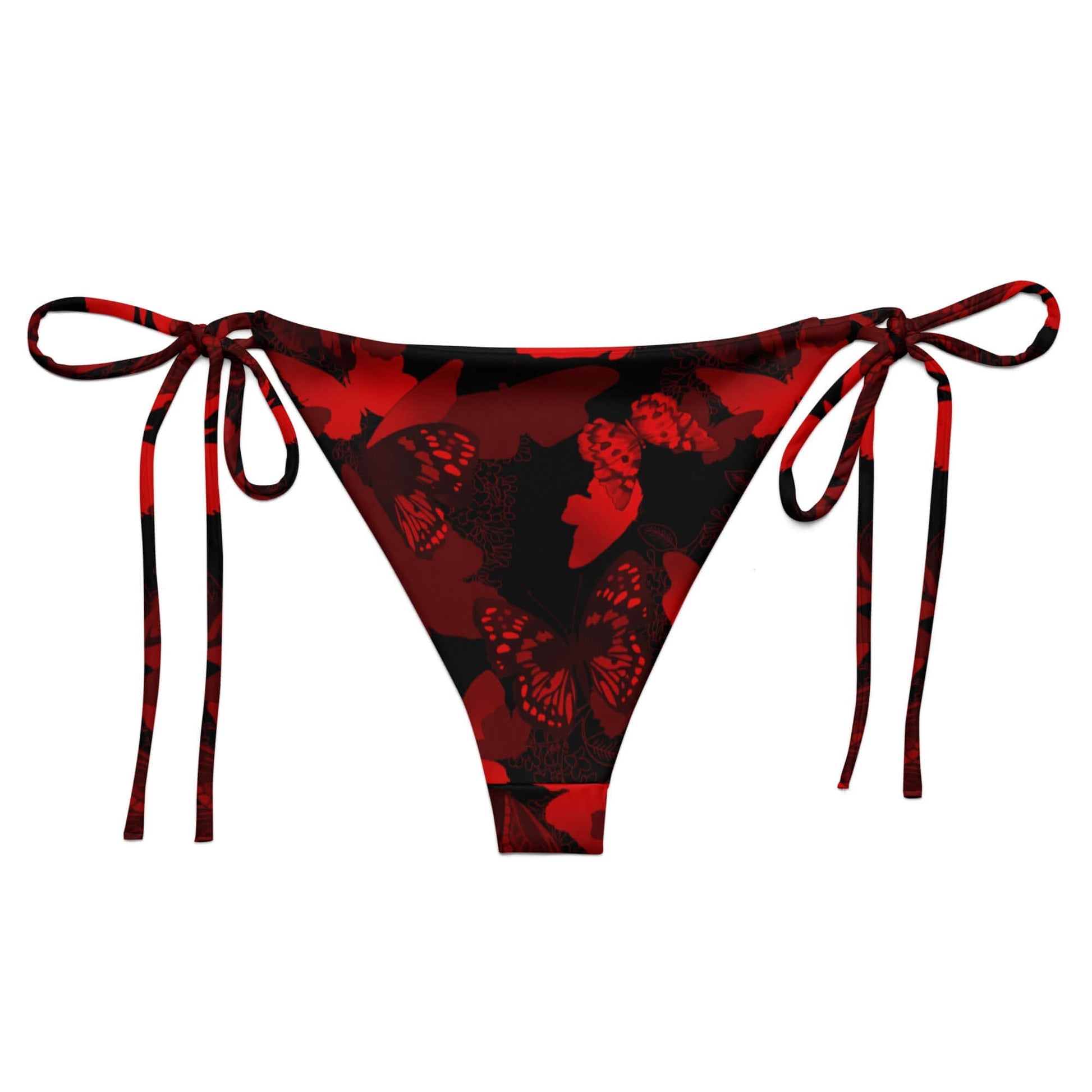 Stylish Butterfly String Bikini Bottom in vibrant red and black, perfect for sunbathing and poolside relaxation.