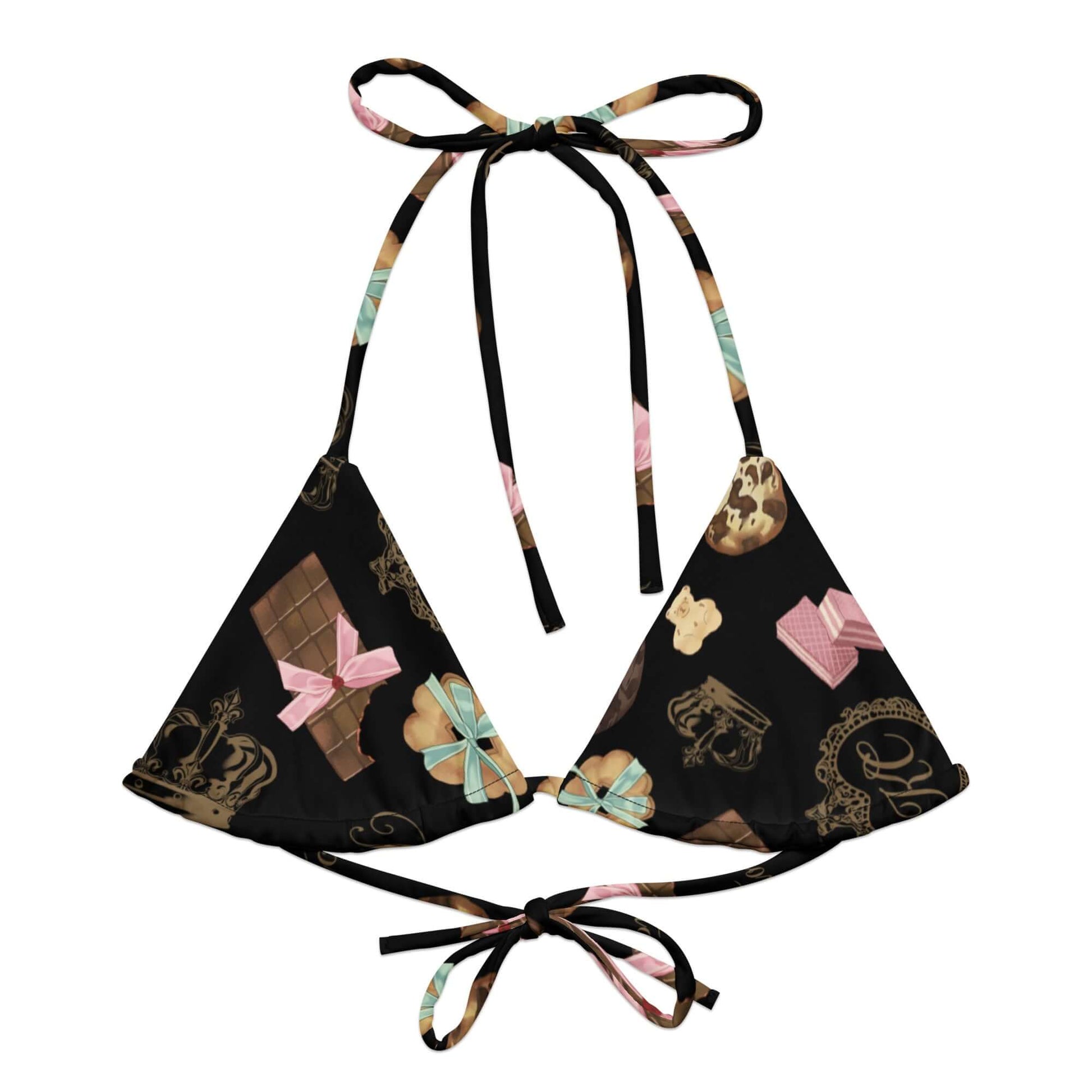 Royal Cookie Padded String Bikini Top featuring a fun all-over print, perfect for eco-friendly summer style.